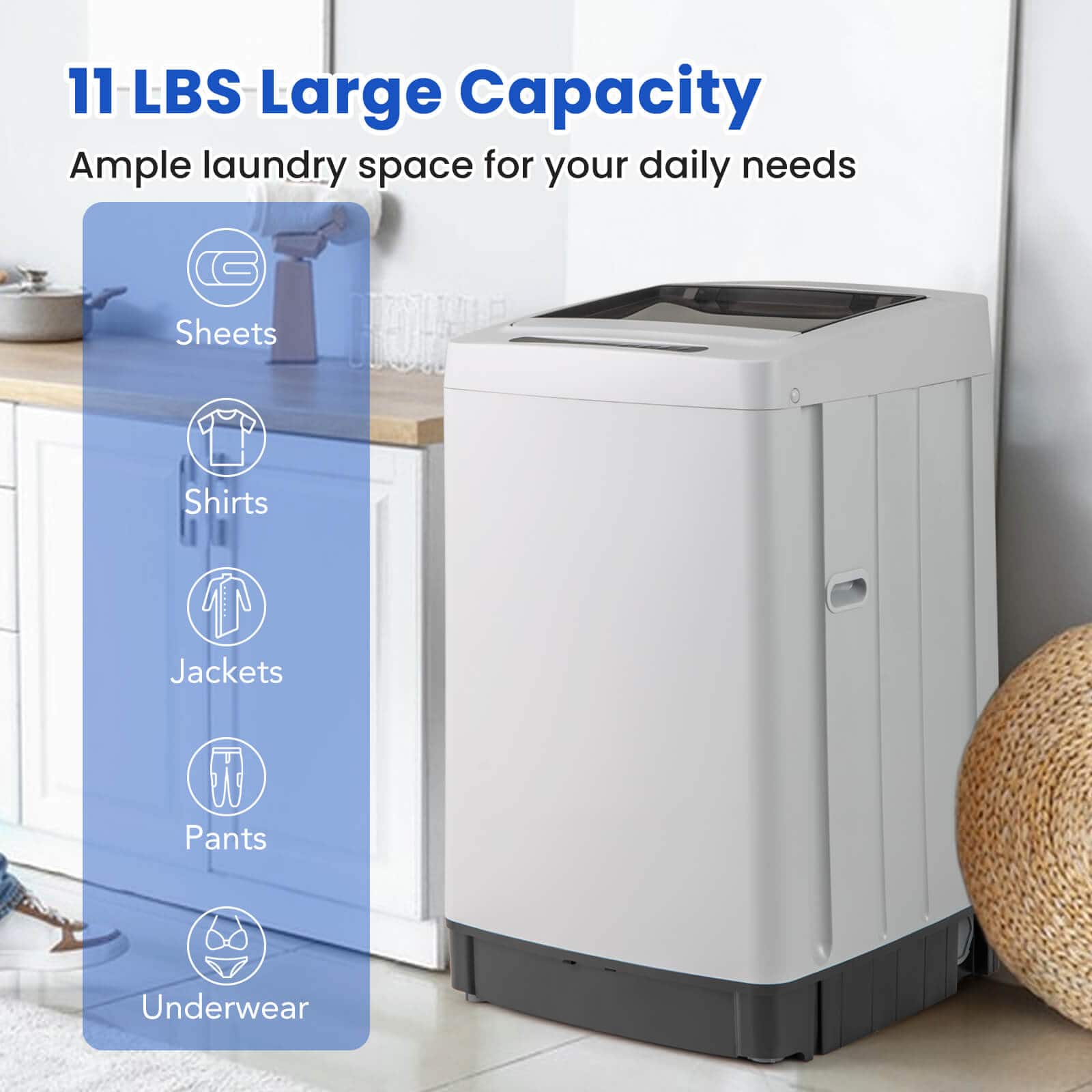 11 LBS Large Capacity
Ample laundry space for your daily needs
- Sheets
- Shirts
- Jackets
- Pants
- Underwear