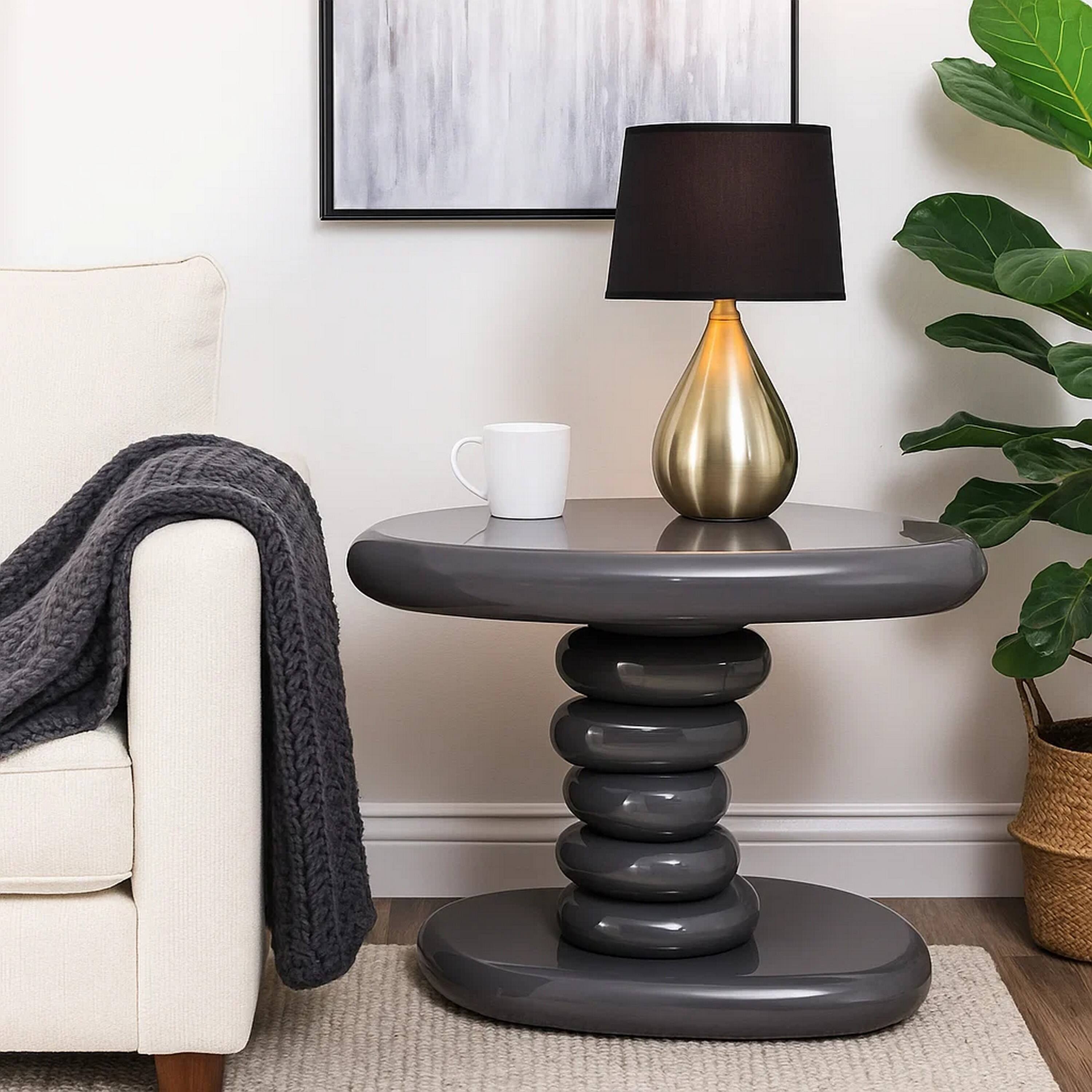 Alt View 6. Manhattan Lane - Fory End Table, 22 Inch Asymmetric Stacked Pebble Base, High Gloss Gray - Gray.