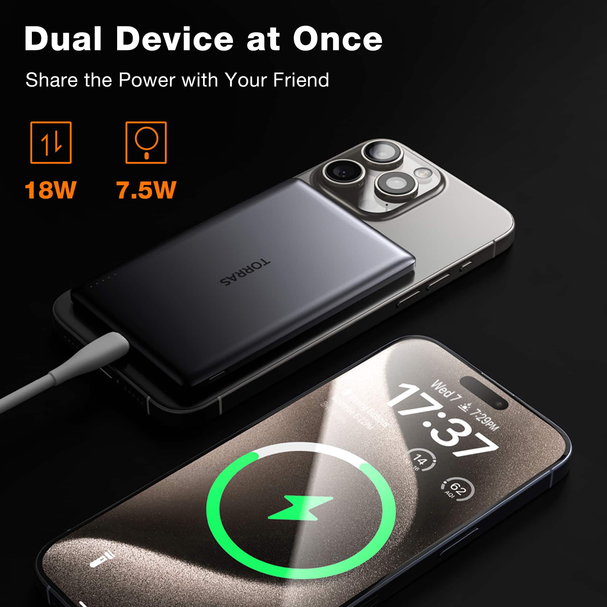 Dual Device at Once: Share the Power with Your Friend. 1L 18W 7.5W TORRAS Wed7 7 3 conde CZZM Glotous 17:37 7:29PM 14 3e i 62 AQI sol -