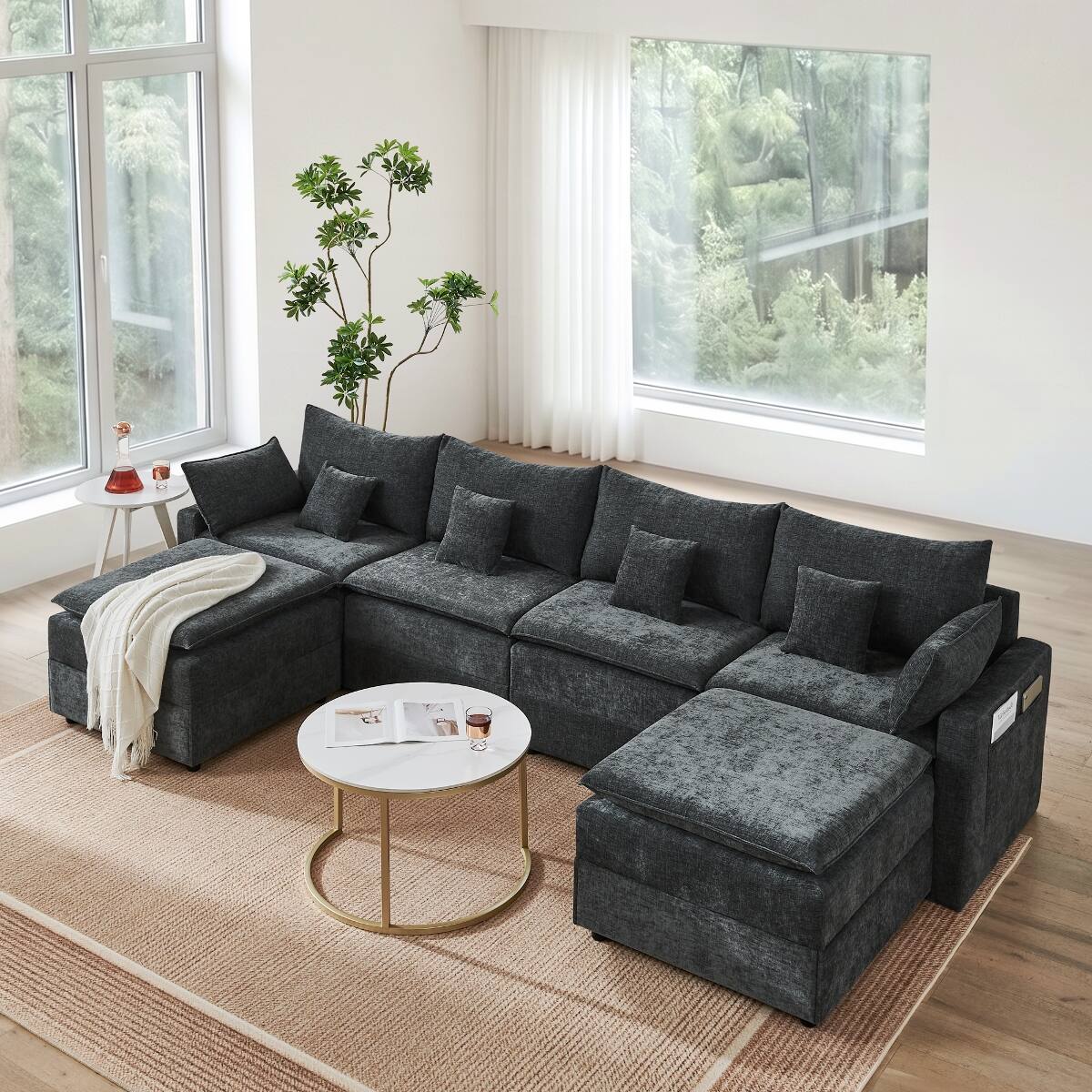 Angle. Ropilly - Ropilly U Shaped Modular Sectional Sofa, Chenille Upholstered 6 Seat Deep Seat Couch, Black - Black.