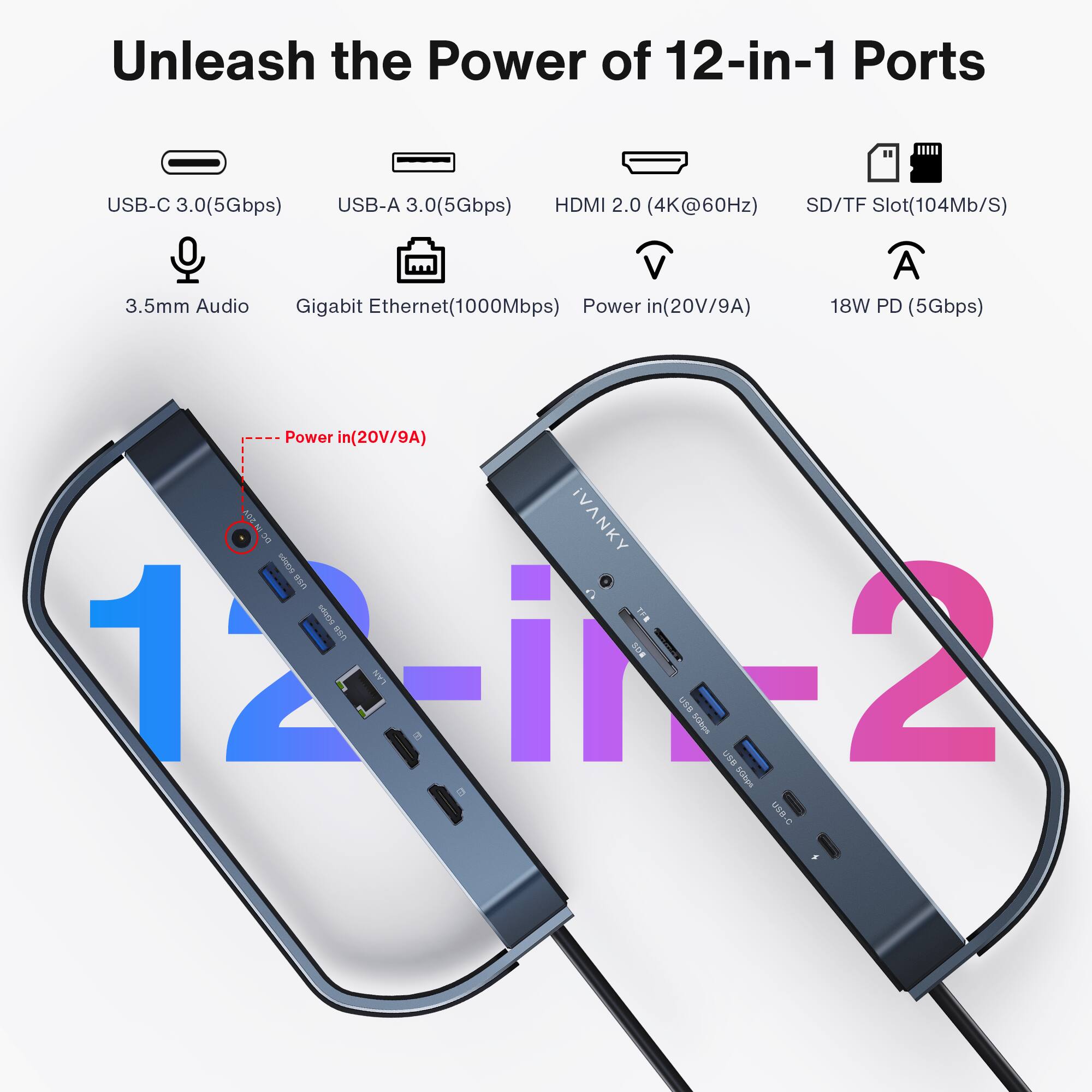 Unleash the Power of 12-in-1 Ports

1. USB-C 3.0(5Gbps)
2. USB-A 3.0(5Gbps)
3. HDMI 2.0 (4K@60Hz)
4. SD/TF Slot(104Mb/S)
5. 3.5mm Audio
6. Gigabit Ethernet(1000Mbps)
7. Power in(20V/9A)
8. 18W PD (5Gbps)
9. Power in(20V/9A)
10. iVANKY
11. I LUB
12. I TFR uSa RGE
13. 12-i2 LAN wSn s06ca CSB ssps n