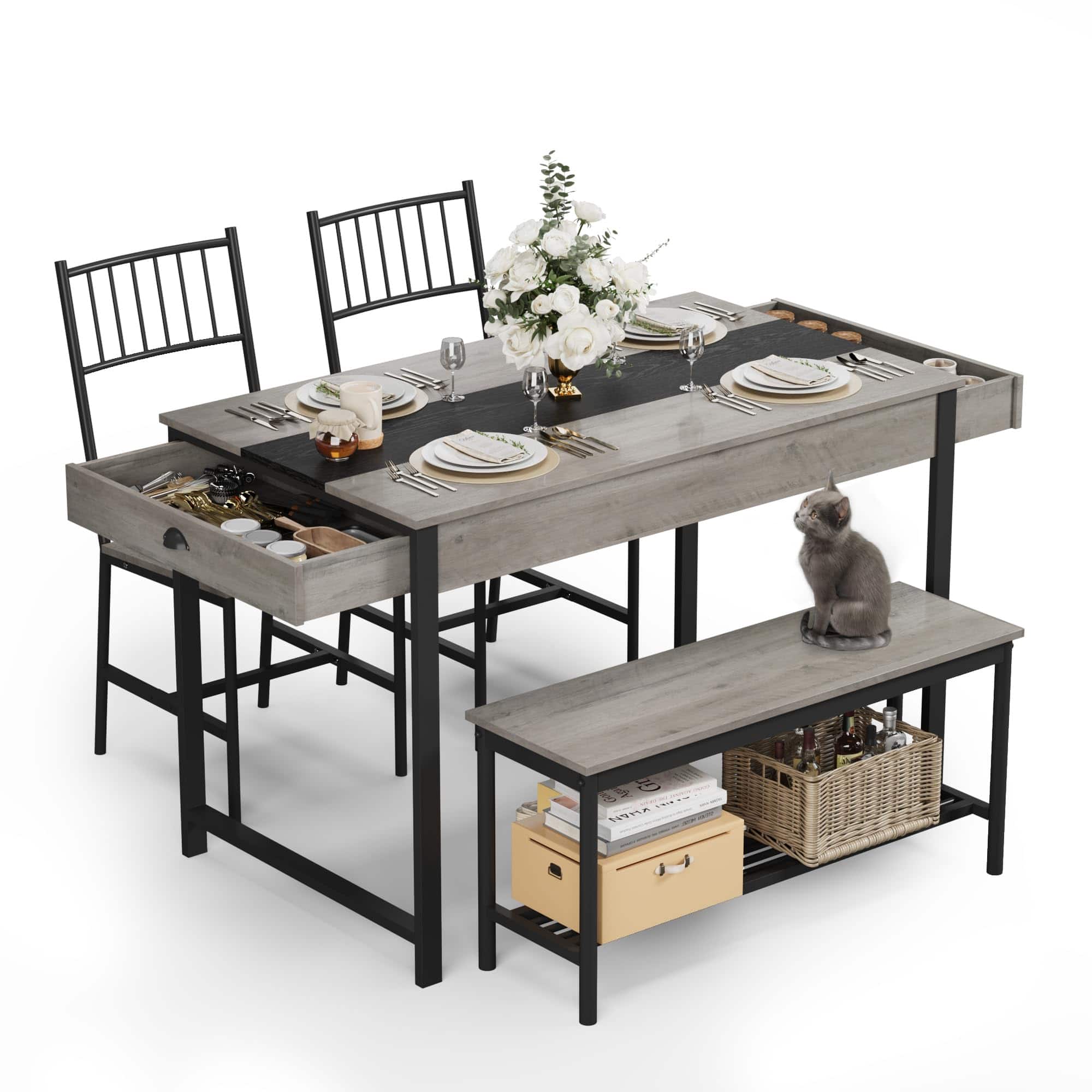 Homhougo - Dining Table Set for 4, Small Kitchen Table and 2 Chairs for 4 with Bench - Gray
