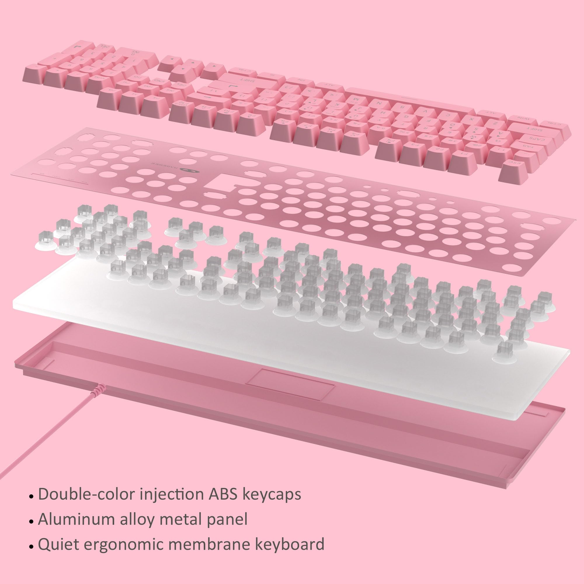 - Double-color injection ABS keycaps
- Aluminum alloy metal panel
- Quiet ergonomic membrane keyboard