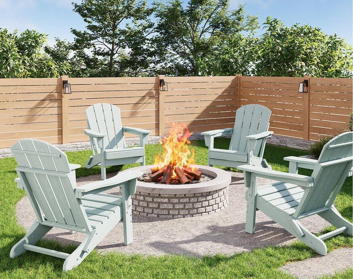 Homhougo - Folding Adirondack Chairs Set of 4, 380 lb Poly Lumber Outdoor Chairs for Patio Pool - Light Blue