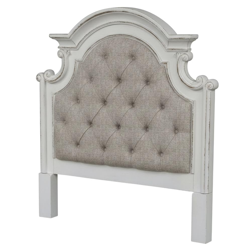 Front. Starlight Canyon Home - Antique White Upholstered Panel Headboard with Weathered Bark Wood Accents - White.