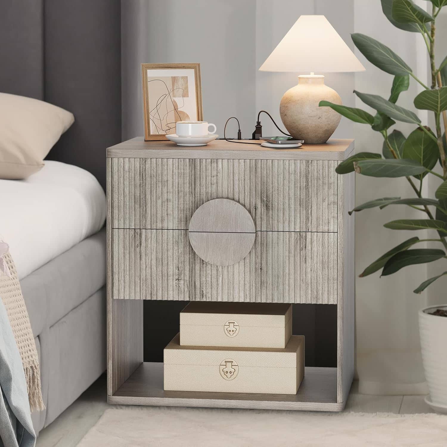GARVEE - Fluted Nightstand Set of 2 with Charging Station, Wooden Bedside Table with 2 Drawers and Open Shelves - Natural