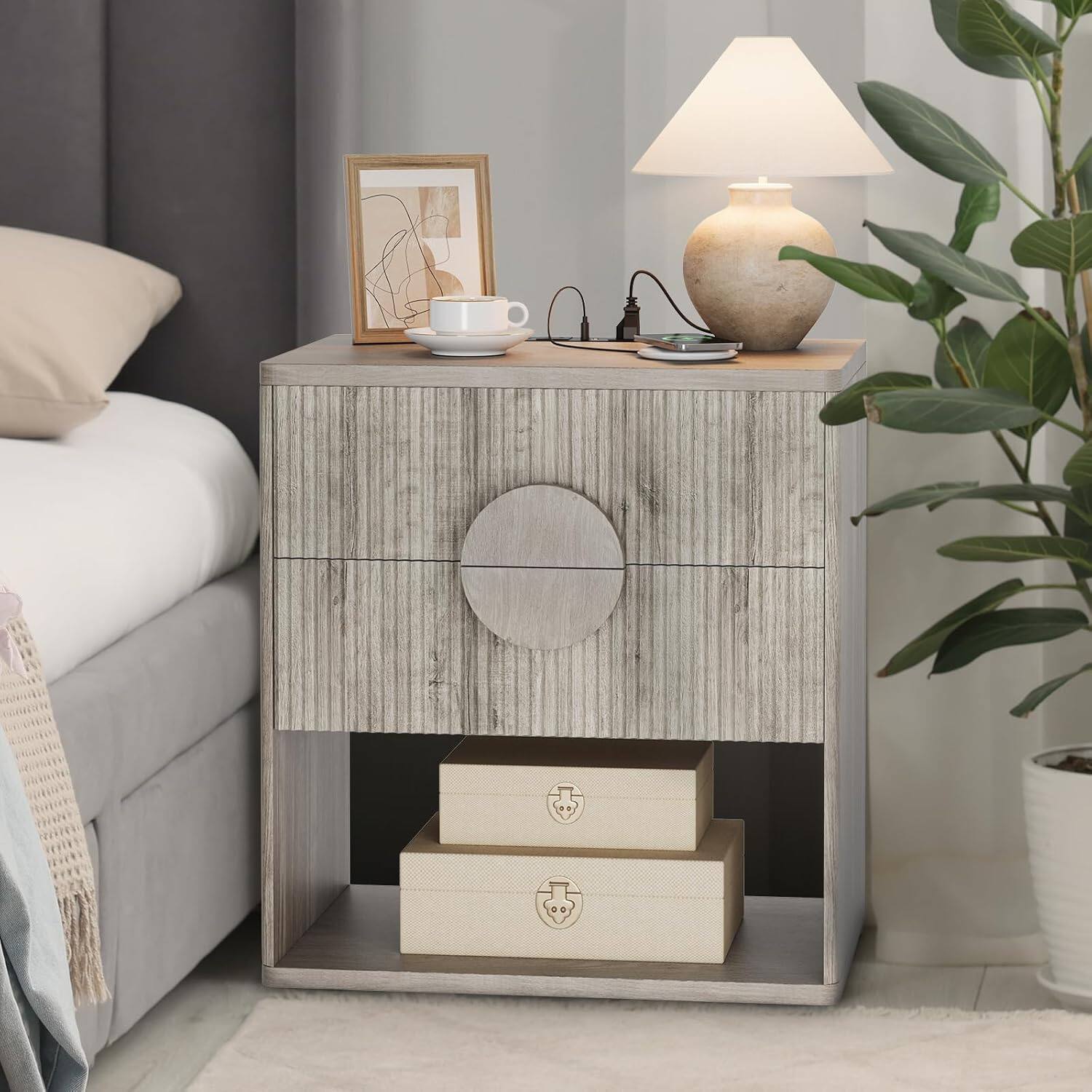 Front. GARVEE - Fluted Nightstand Set of 2 with Charging Station, Wooden Bedside Table with 2 Drawers and Open Shelves - Natural.