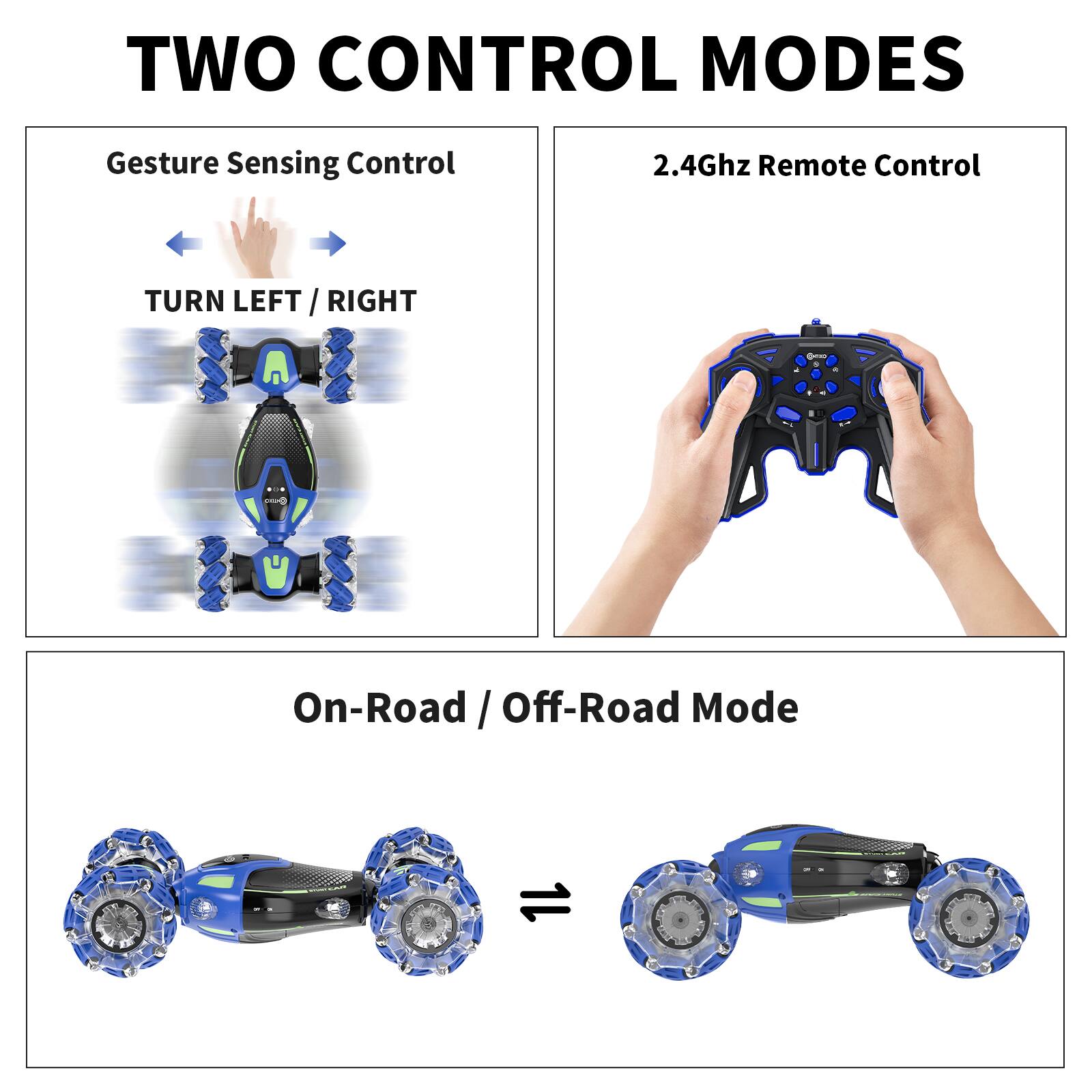 TWO CONTROL MODES

Gesture Sensing Control  
TURN LEFT / RIGHT

2.4Ghz Remote Control

On-Road / Off-Road Mode