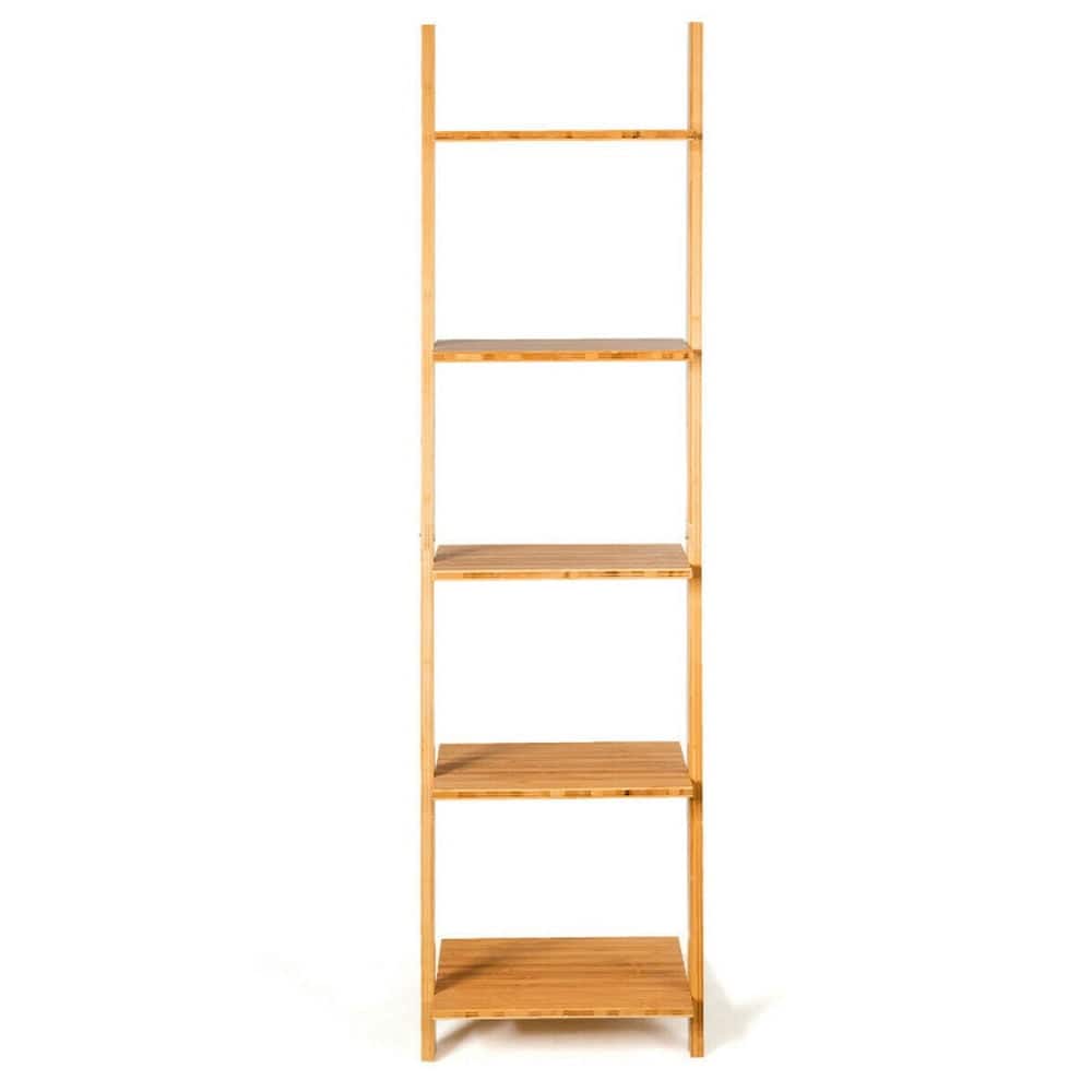 Kadyn - Open Bookcase Book Shelf,Storage Shelf Unit Plant Stand,5-Tier Modern Bamboo Wall-Leaning Display Ladder Bookshelf - Brown
