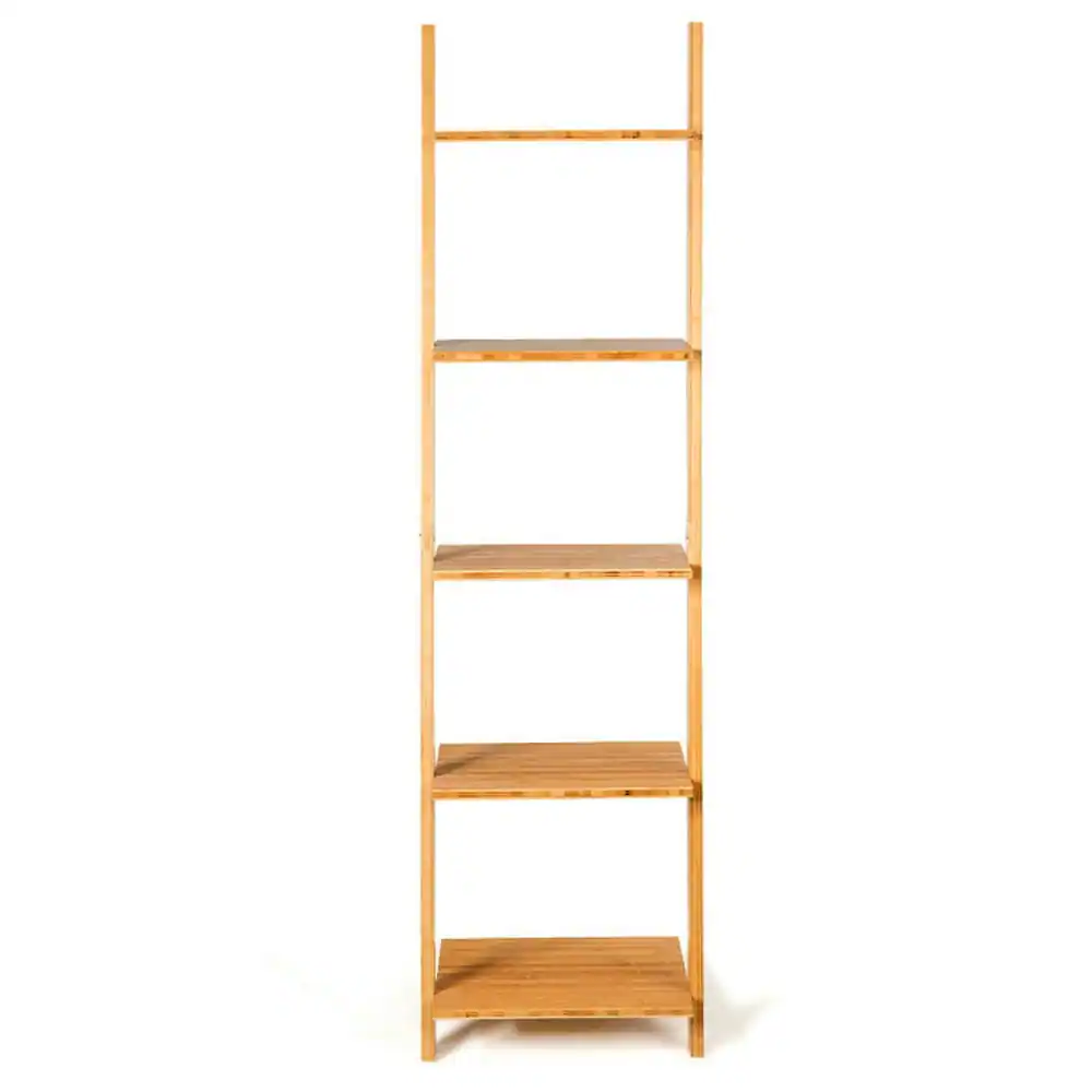 Front. Pefilos - 5-Tier Modern Bamboo Wall-Leaning Display Ladder Bookshelf, Tall Bookshelf, Shelves for Living Room, Home Office - Brown.