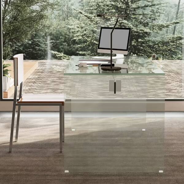 Alt View 8. luck idea - Clear Tempered Glass Computer Desk, Modern Transparent Writing Workstation with Stabilizer Bar for Home Office Gaming - white.