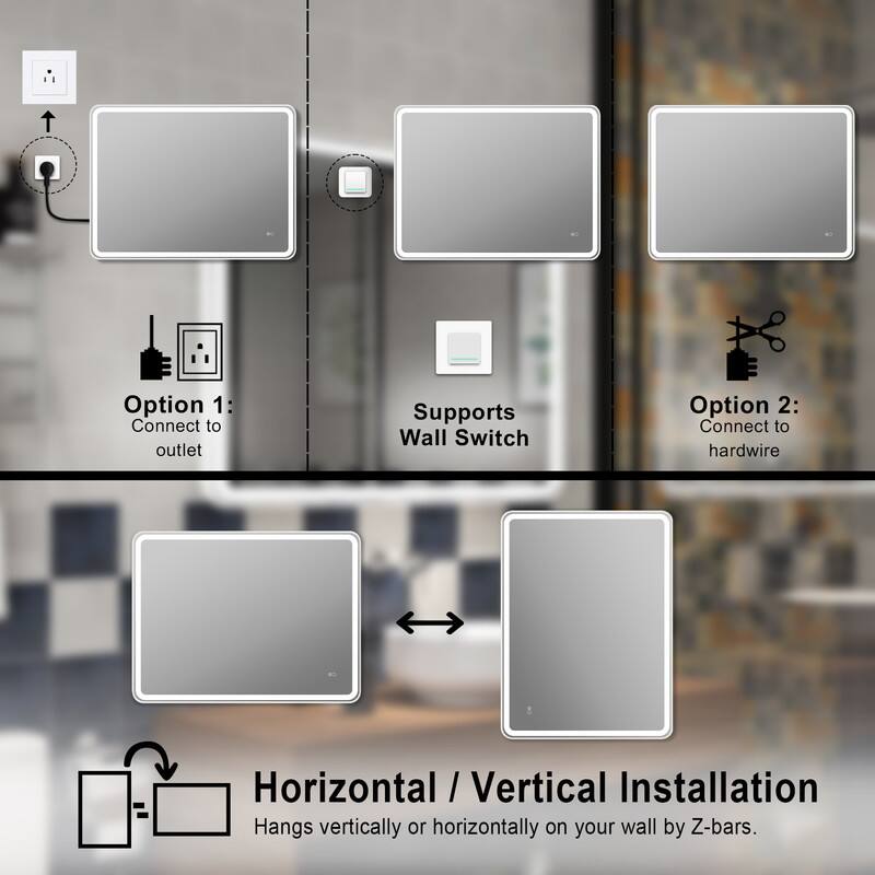Option 1: Connect to outlet  
Supports Wall Switch  
Option 2: Connect to hardwire  

Horizontal / Vertical Installation  
Hangs vertically or horizontally on your wall by Z-bars.