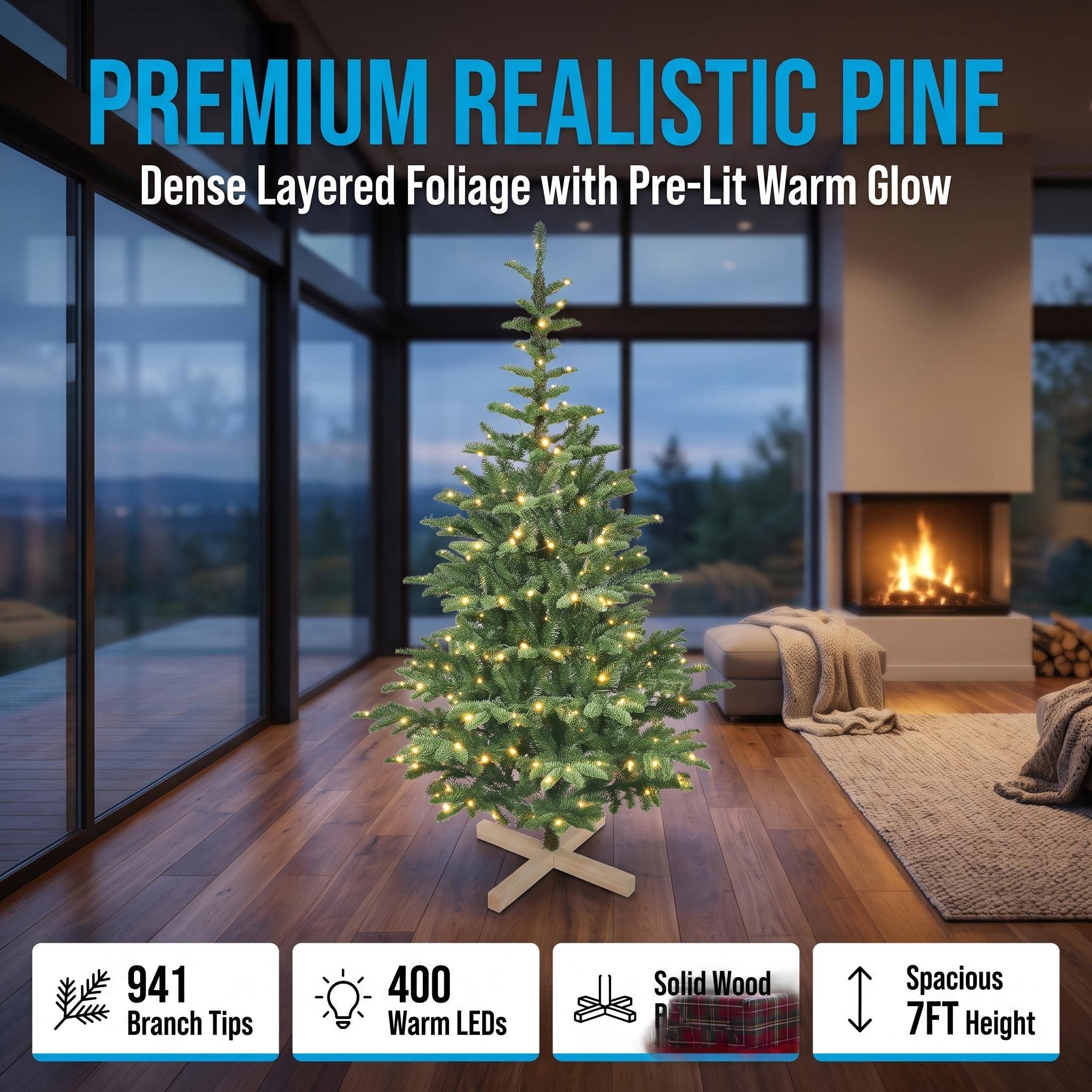 PREMIUM REALISTIC PINE  
Dense Layered Foliage with Pre-Lit Warm Glow

941 Branch Tips  
400 Warm LEDs  
Solid Wood  
Spacious 7FT Height