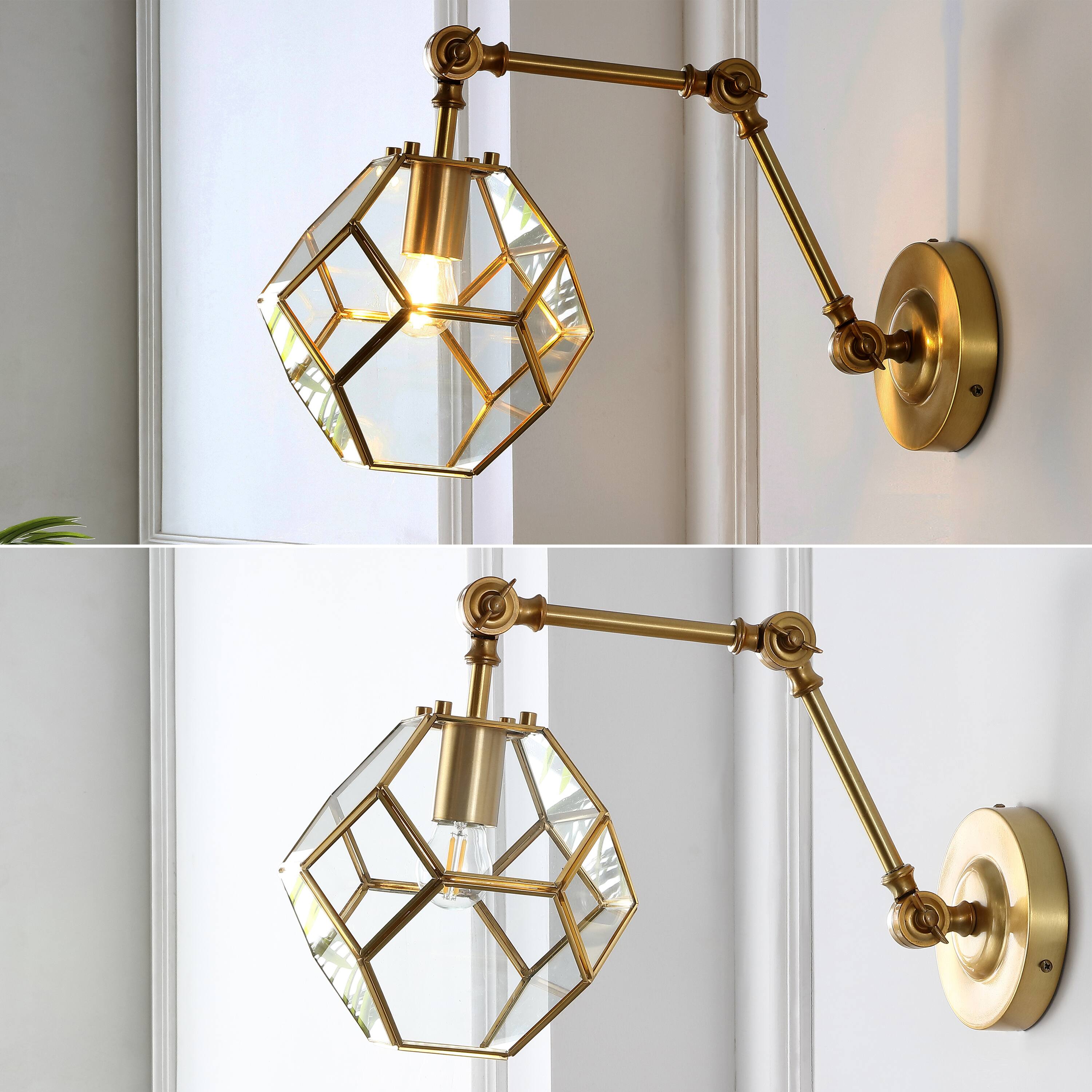 Alt View 3. Jonathan Y - Honeycomb 7.5" 1-Light Modern Contemporary Arm-Adjustable Iron/Glass LED Sconce, Brass Gold/Clear - Brass Gold/Clear.