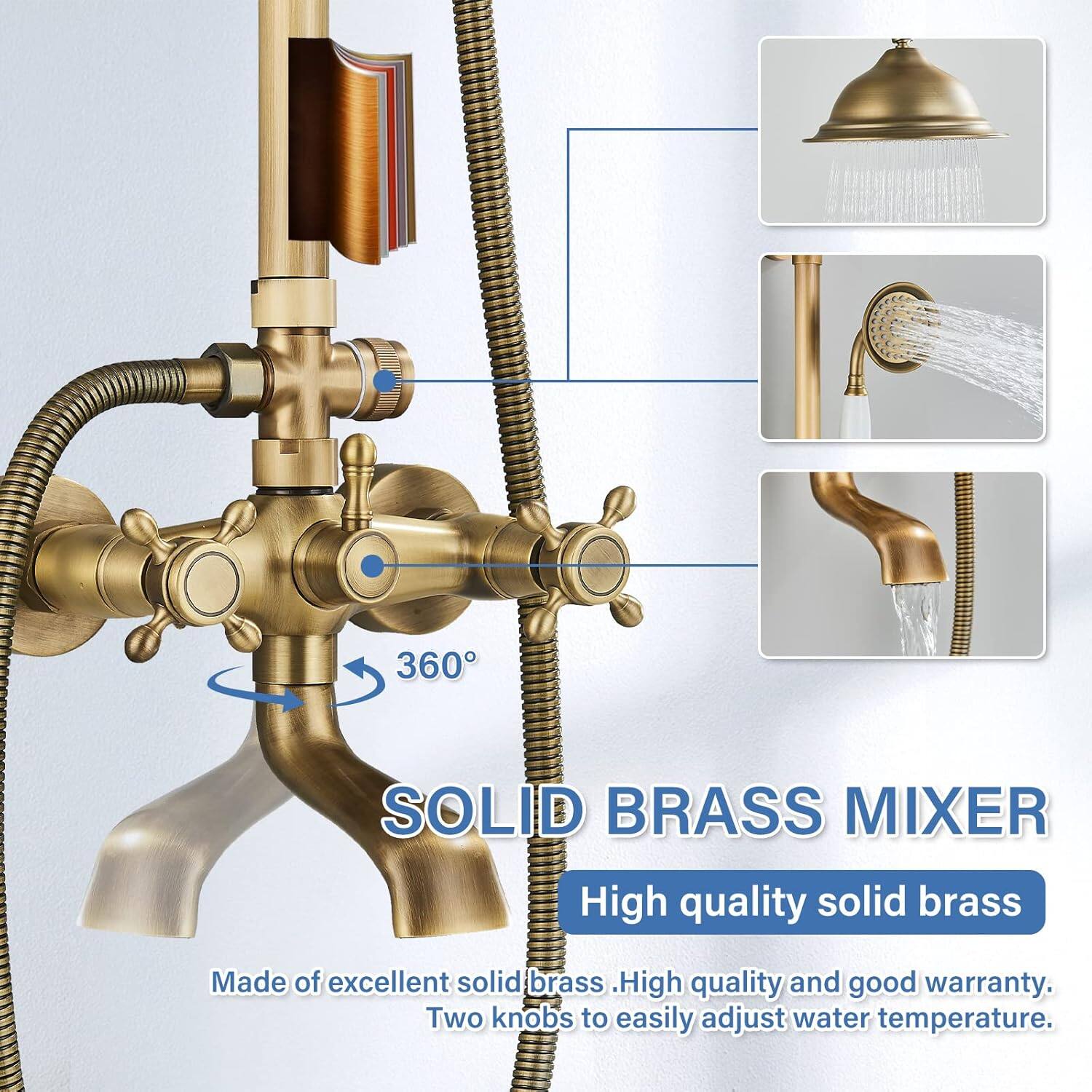 360 SOLID BRASS MIXER  
High quality solid brass  
Made of excellent solid brass.  
High quality and good warranty.  
Two knobs to easily adjust water temperature.
