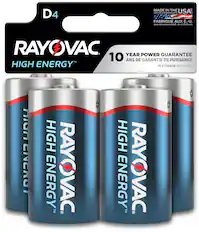 The text on the image reads: "D4 High Energy TM Rayovac 10 Year Power Guarantee."