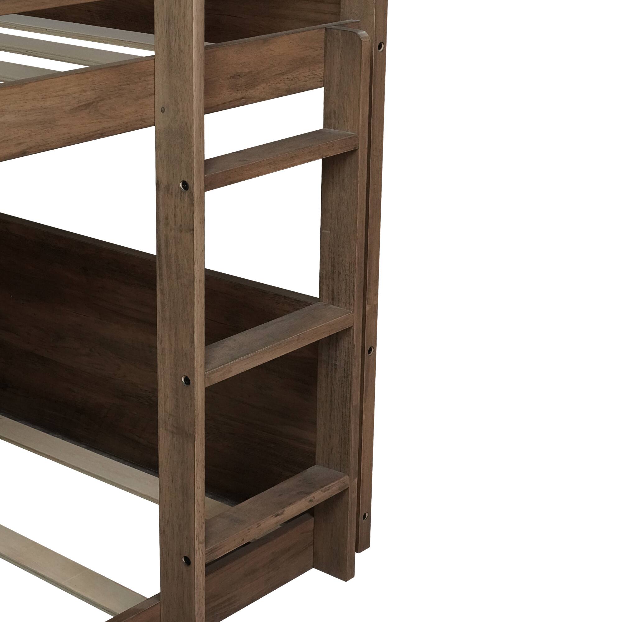 Left. GOODSILO - Solid Wood Twin Over Twin Floor Bunk Bed with Panelled Headboard and Footboard, Built-in Ladder and Safety Guardrails - Antique Dark Oak.