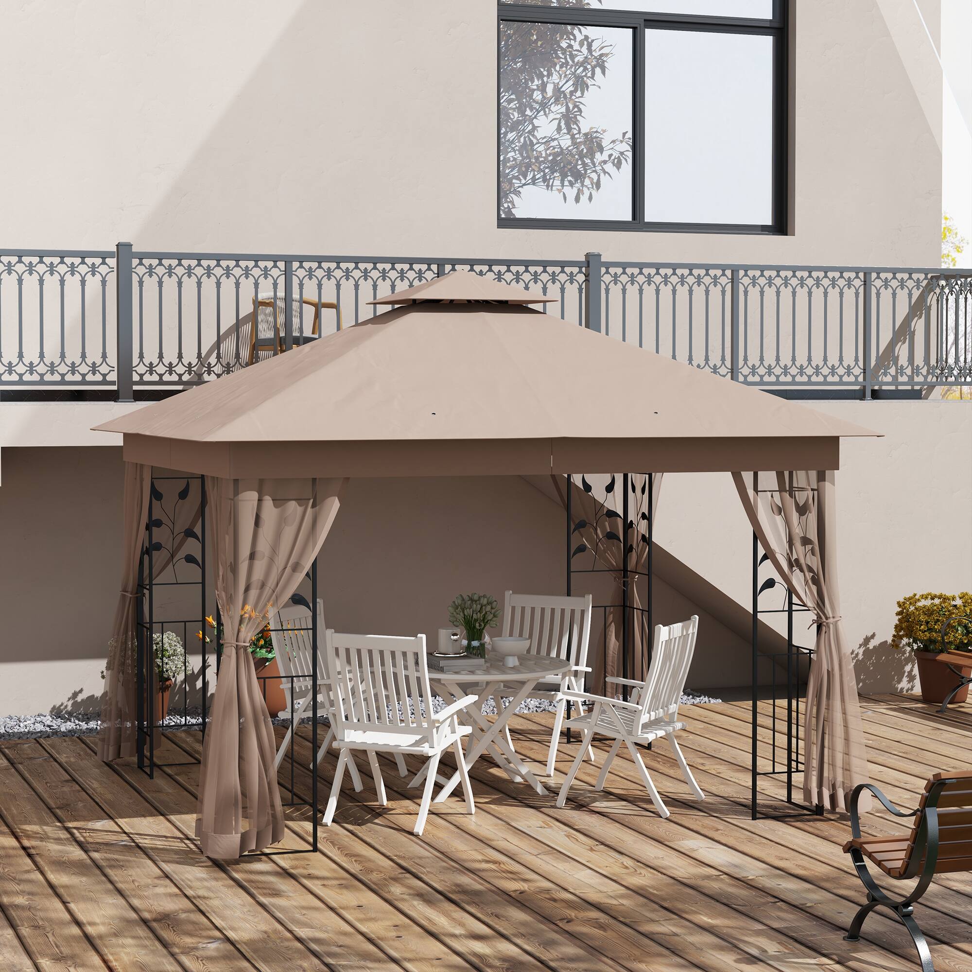 Angle. Outsunny -  10' x 11.5' Metal Patio Gazebo, Double Roof Outdoor Gazebo Canopy Shelter with Tree Motifs Corner Frame - Brown.