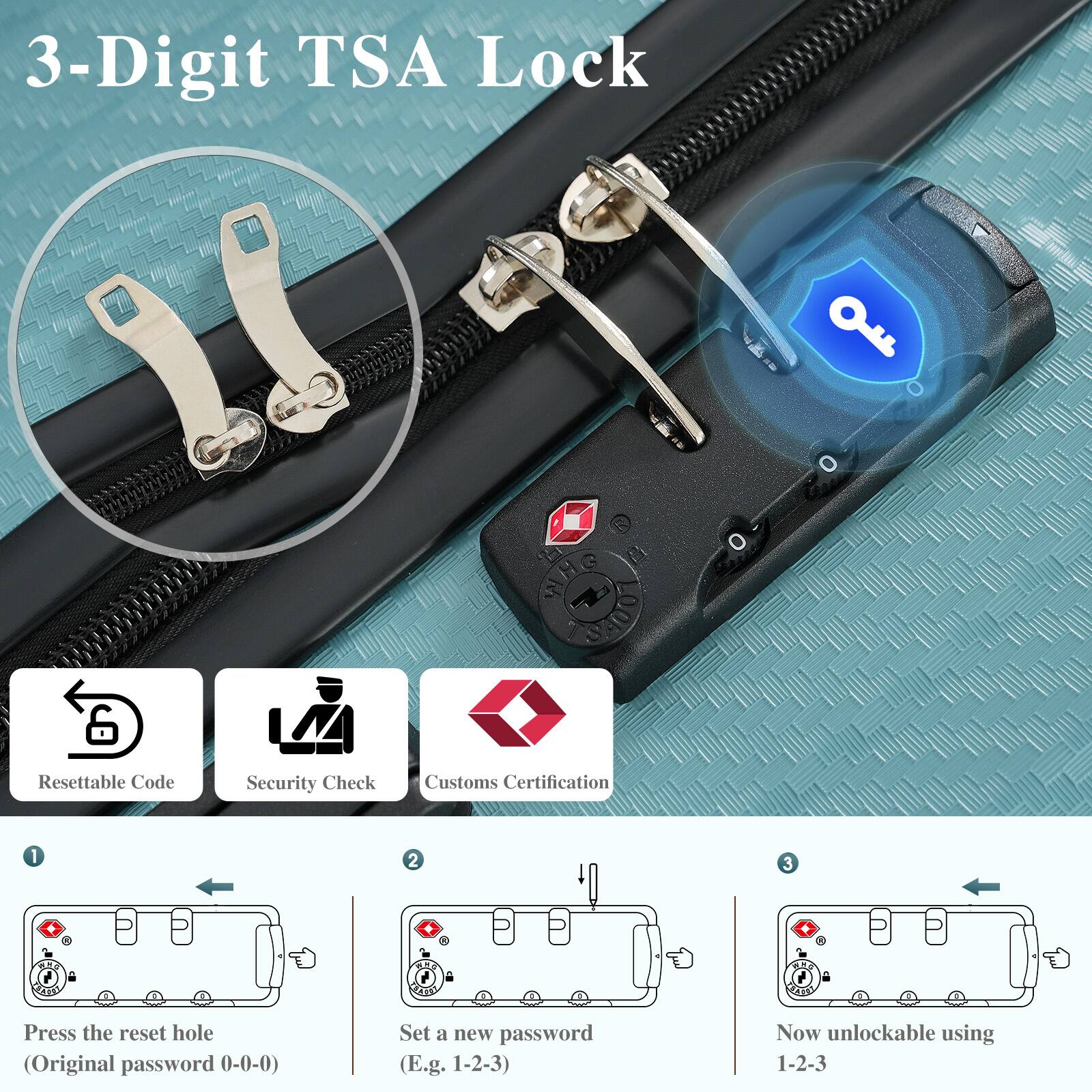 3-Digit TSA Lock

- Resettable Code
- Security Check
- Customs Certification

1. Press the reset hole (Original password 0-0-0)
2. Set a new password (E.g. 1-2-3)
3. Now unlockable using 1-2-3