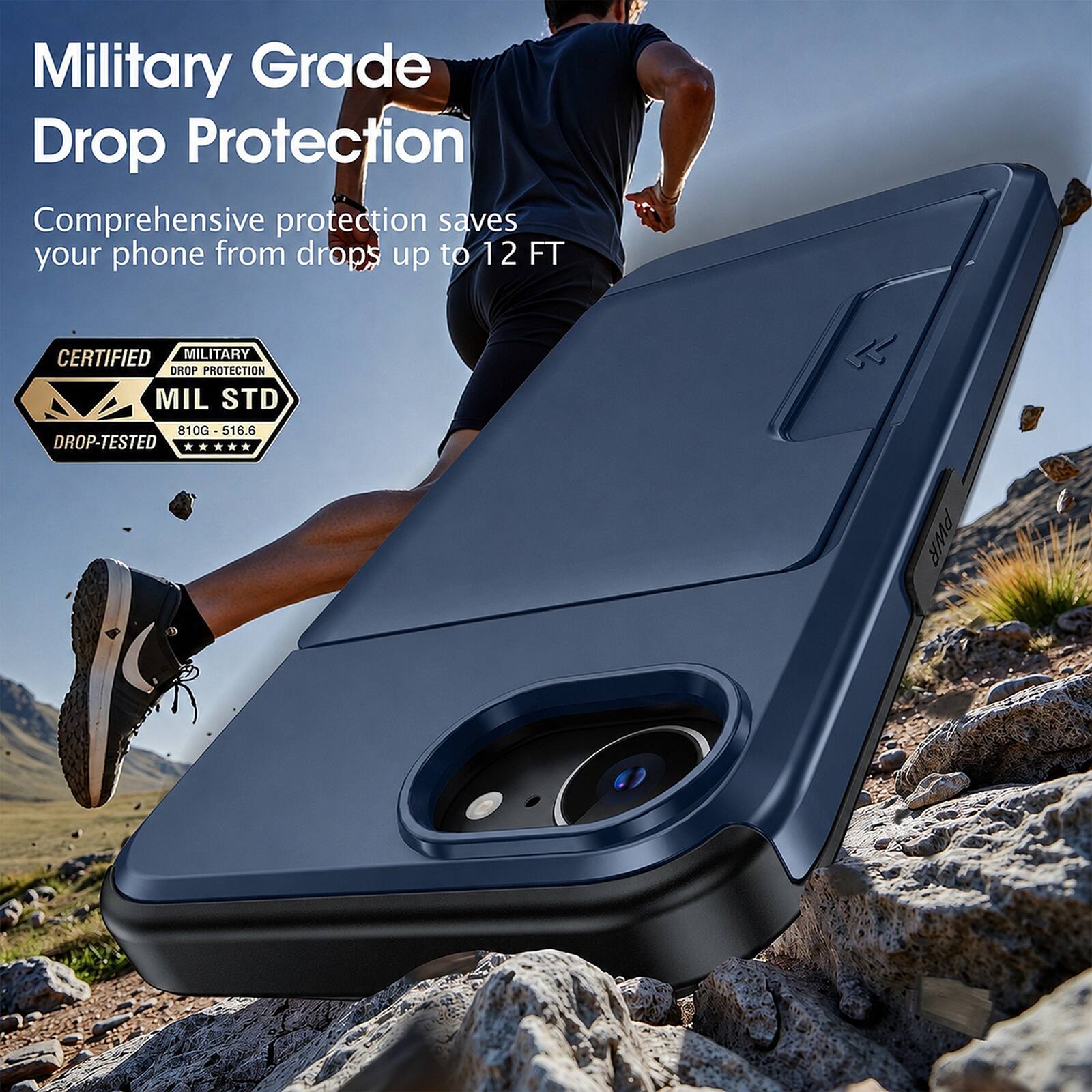 Military Grade Drop Protection  
Comprehensive protection saves your phone from drops up to 12 FT  

CERTIFIED MILITARY DROP PROTECTION  
MIL STD 810G - 516.6 DROP-TESTED