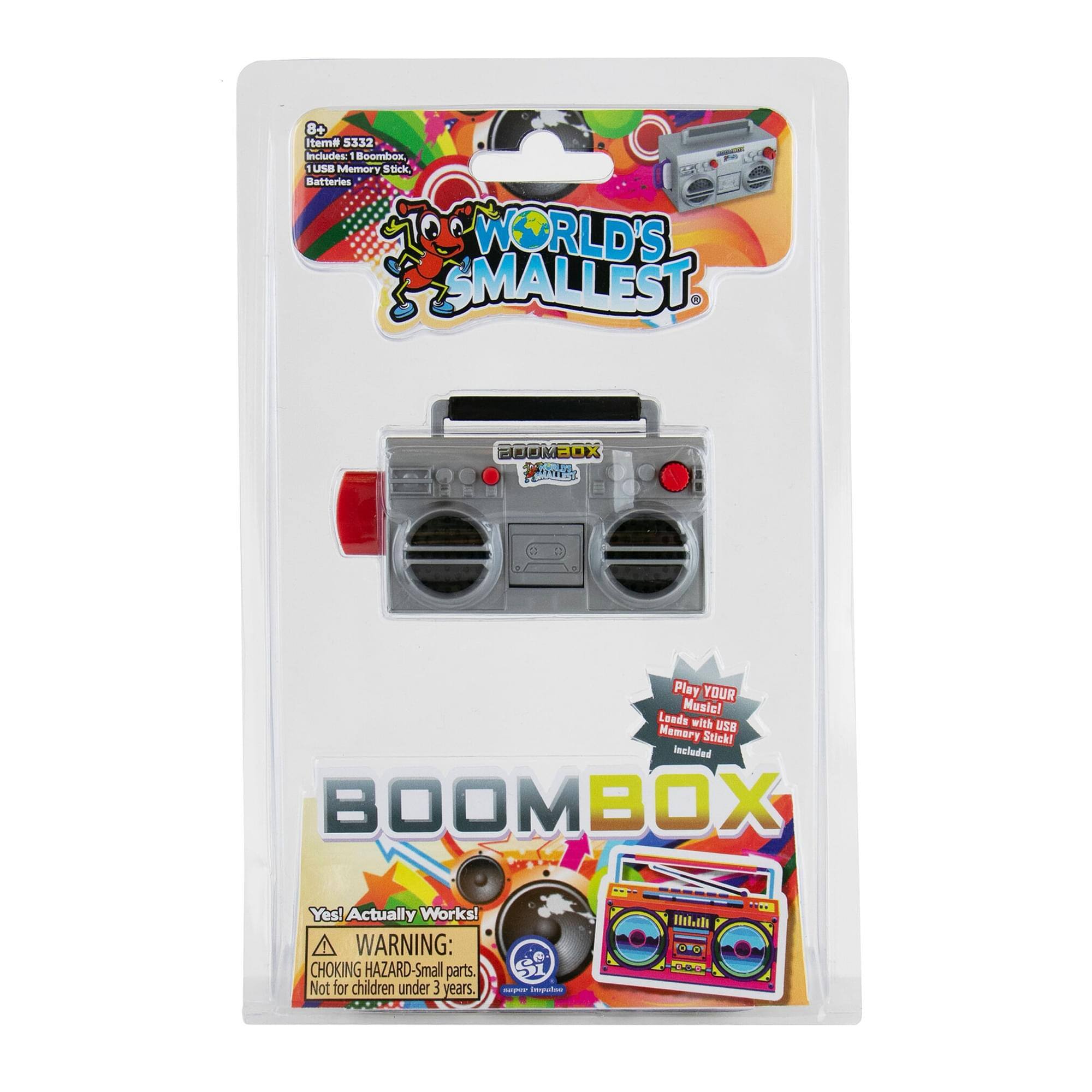 B+ Bmati 5332  
Item No: 5332  
Includes: 1 Boombox, 1 Memory Stick, Batteries  
WORLD'S SMALLEST PUM3OX  
Play YOUR Music! Loads with USB Memory Stick! Included  
BOOMBOX  
Yes! Actually Works!  
WARNING: CHOKING HAZARD-Small parts. Not for children under 3 years.  
C 51 ONO