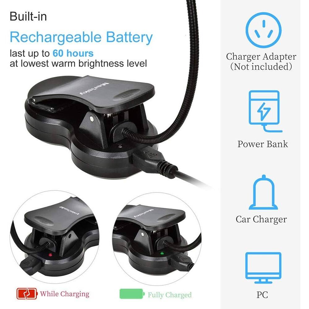 Built-in Rechargeable Battery  
last up to 60 hours at lowest warm brightness level  

Charger Adapter (Not included)  
Power Bank  
Car Charger  
PC  

While Charging  
Fully Charged