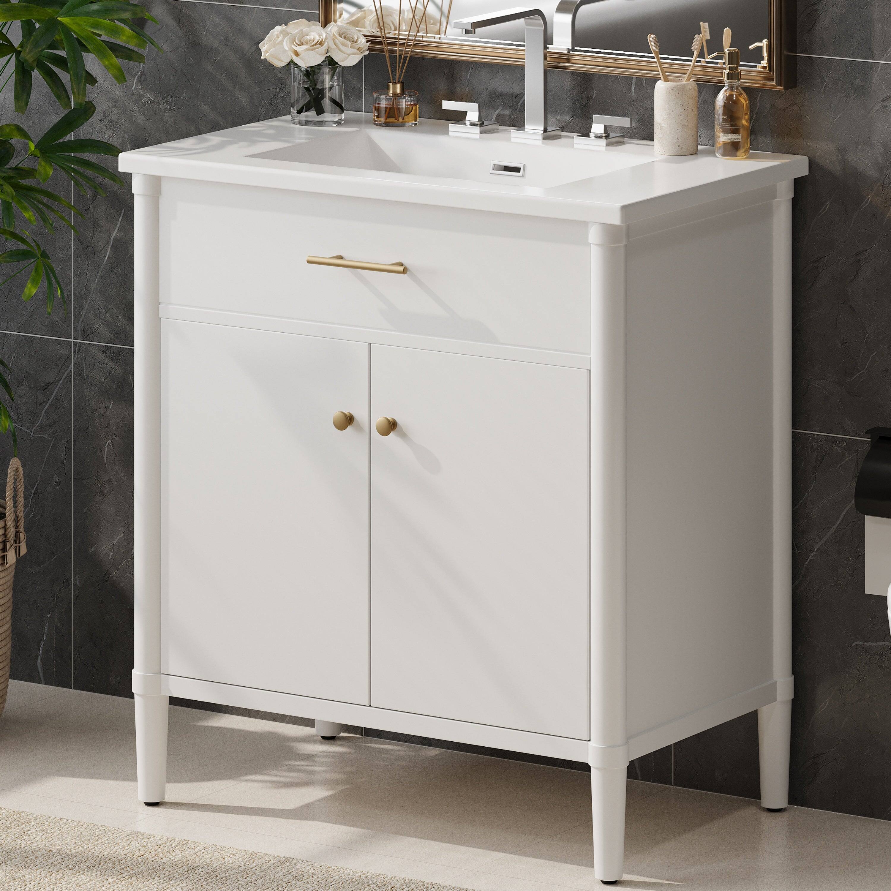 Left. Boyel Living - 31 Inch Bathroom Vanity with Sink Soft Close Doors Adjustable Shelf Curved Design Rubber Wood Legs White - White.