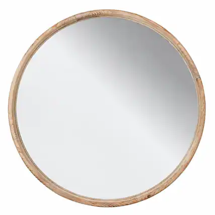 Front. RYHNUYNE - 27.5 in Round Wood Framed Wall Mirror, Fir Wood, Brown Finish, Bathroom and Living Room Decor - Brown.