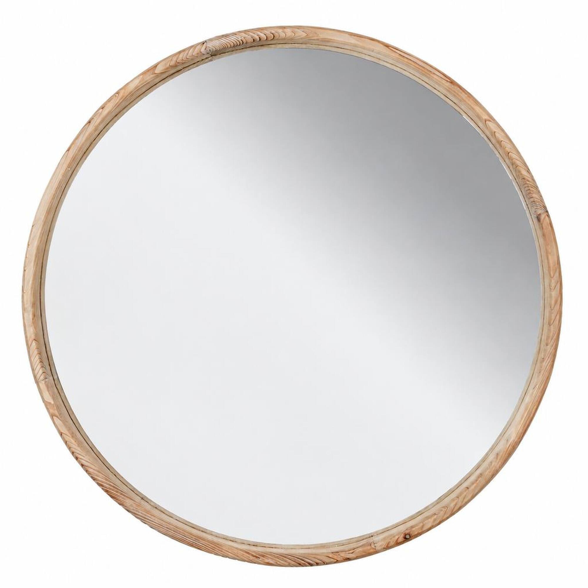 Front. RYHNUYNE - 27.5 in Round Wood Framed Wall Mirror, Fir Wood, Brown Finish, Bathroom and Living Room Decor - Brown.