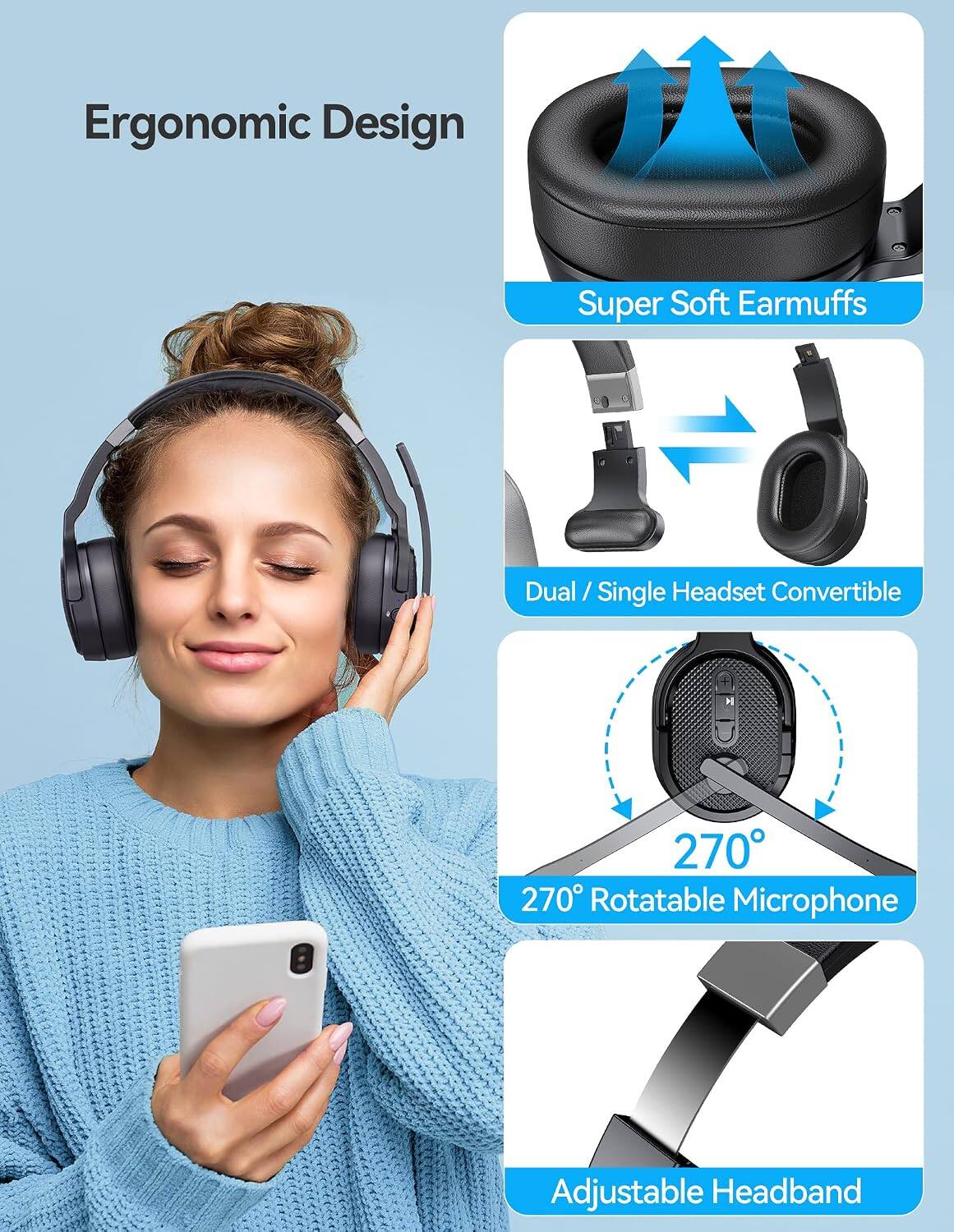 Ergonomic Design  
Super Soft Earmuffs  
Dual / Single Headset Convertible  
270° Rotatable Microphone  
Adjustable Headband