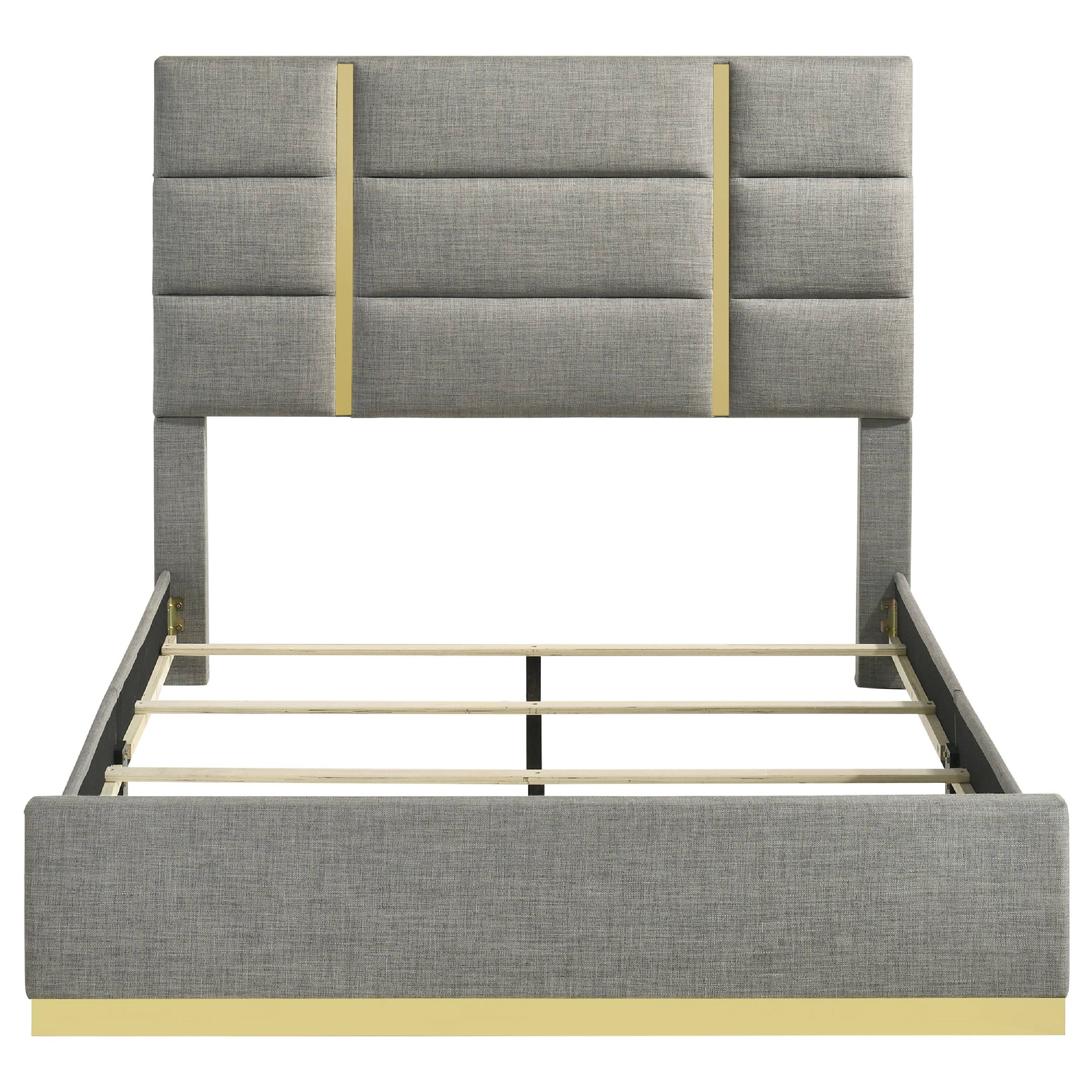 Alt View 3. Manhattan Lane - Orion Queen Panel Bed with Gold Trim, Wood Frame, Gray Chaneled Fabric - Gray, Gold.