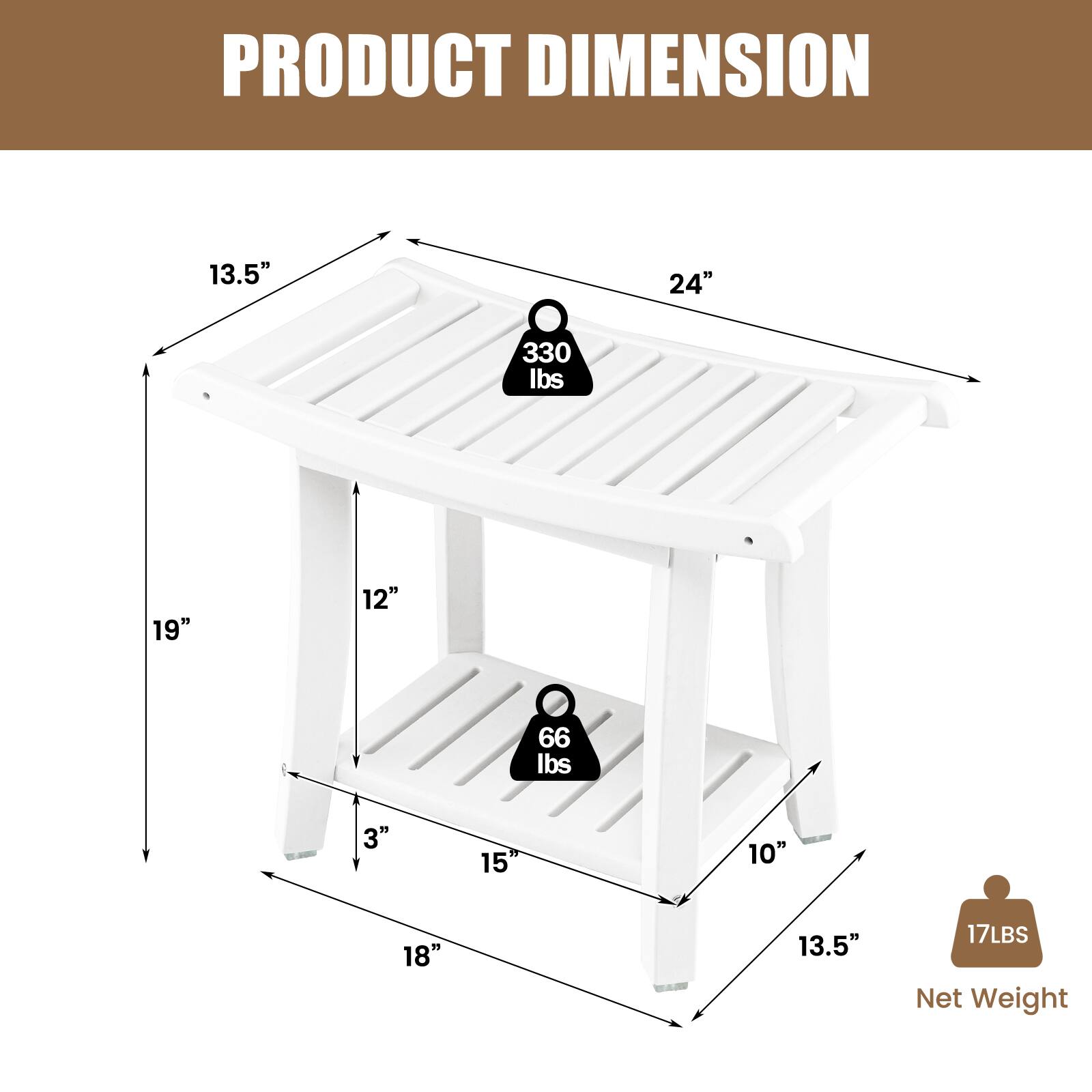 PRODUCT DIMENSION

- 13.5" x 24" (330 lbs)
- 19" x 12" (66 lbs)
- 3" x 15" x 10" x 18" x 13.5"
- Net Weight: 17 lbs