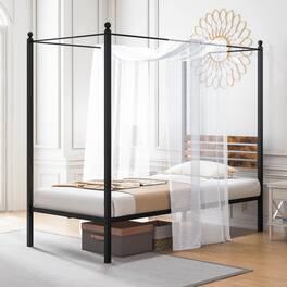 Gymax - Twin Size 4-Post Canopy Bed Frame Rustproof Metal Noise-free with Foot Pads - Rustic Brown + Black