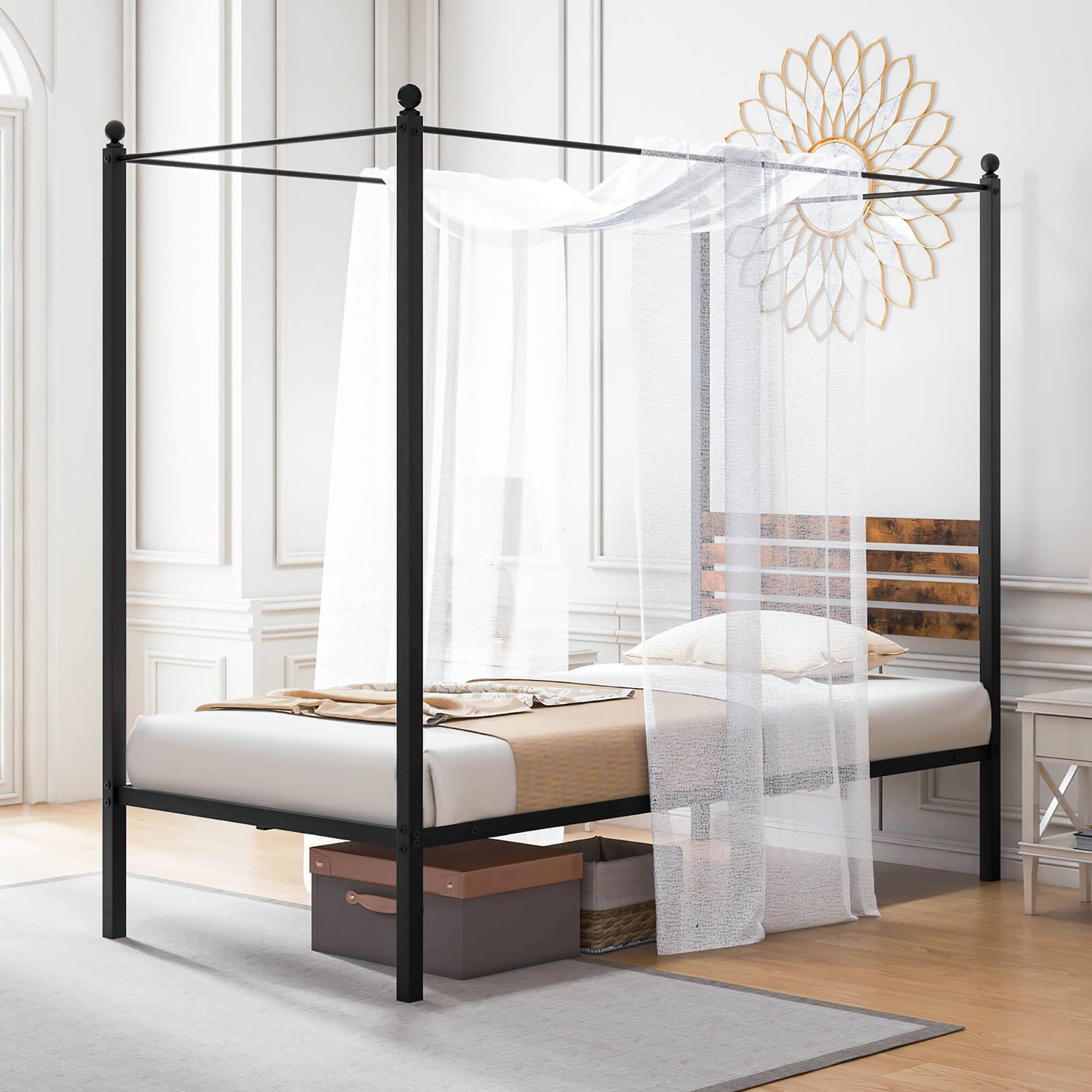 Front. Gymax - Gymax Twin Size 4-Post Canopy Bed Frame Rustproof Metal Noise-free with Foot Pads - Rustic Brown + Black.