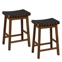 Costway - Woven Saddle Stools Set of 2 25.5" Faux PU Leather Counter Height Kitchen Stool - Black