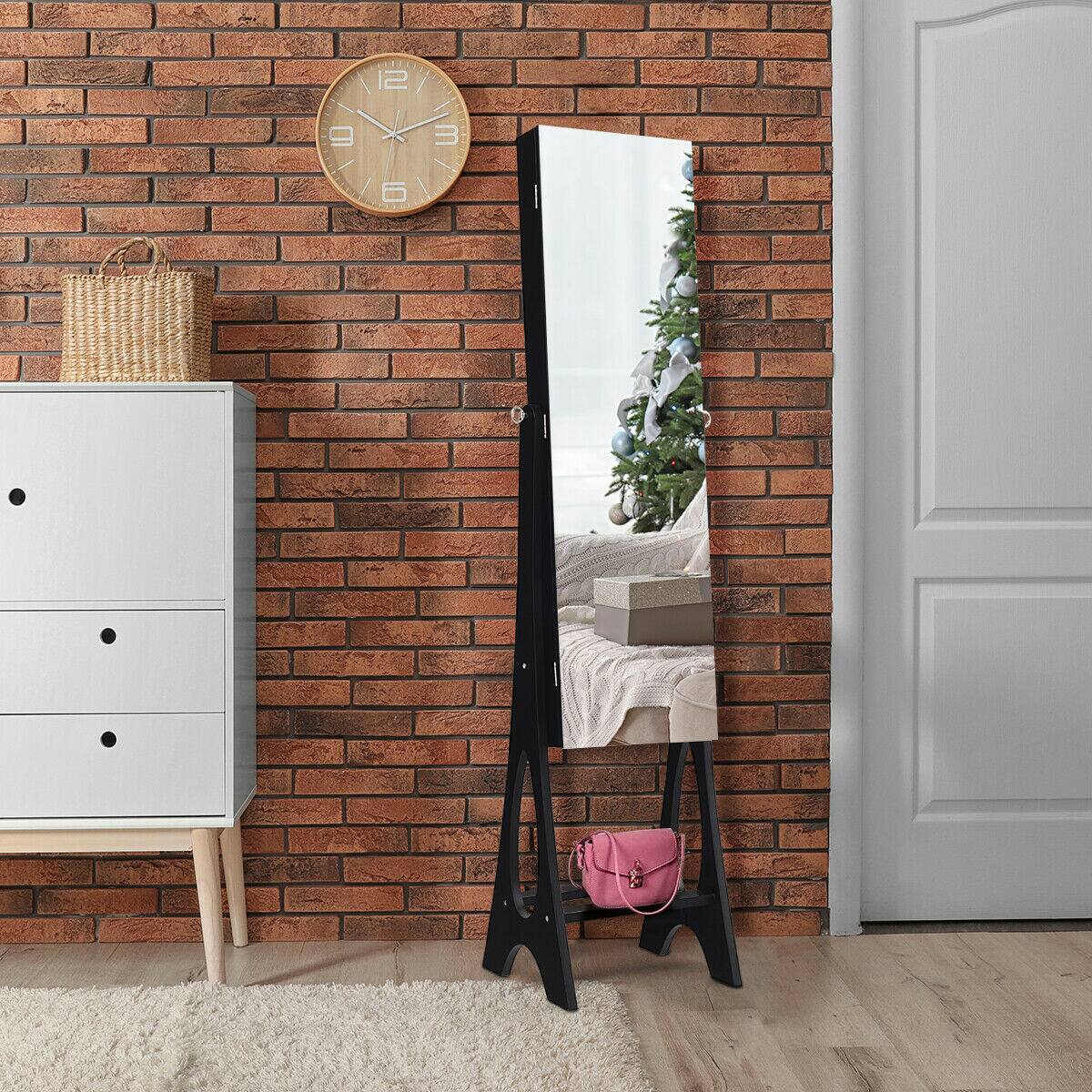 Angle. Costway - LED Jewelry Cabinet Organizer Bevel Edge Mirrored Standing Black - Black.