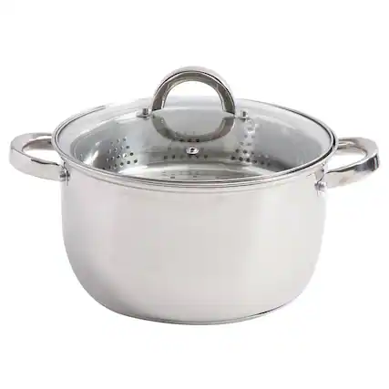 Front. Oster - Oster Sangerfield 6 Quart Stainless Steel Casserole Pan with Steamer Insert and Lid.