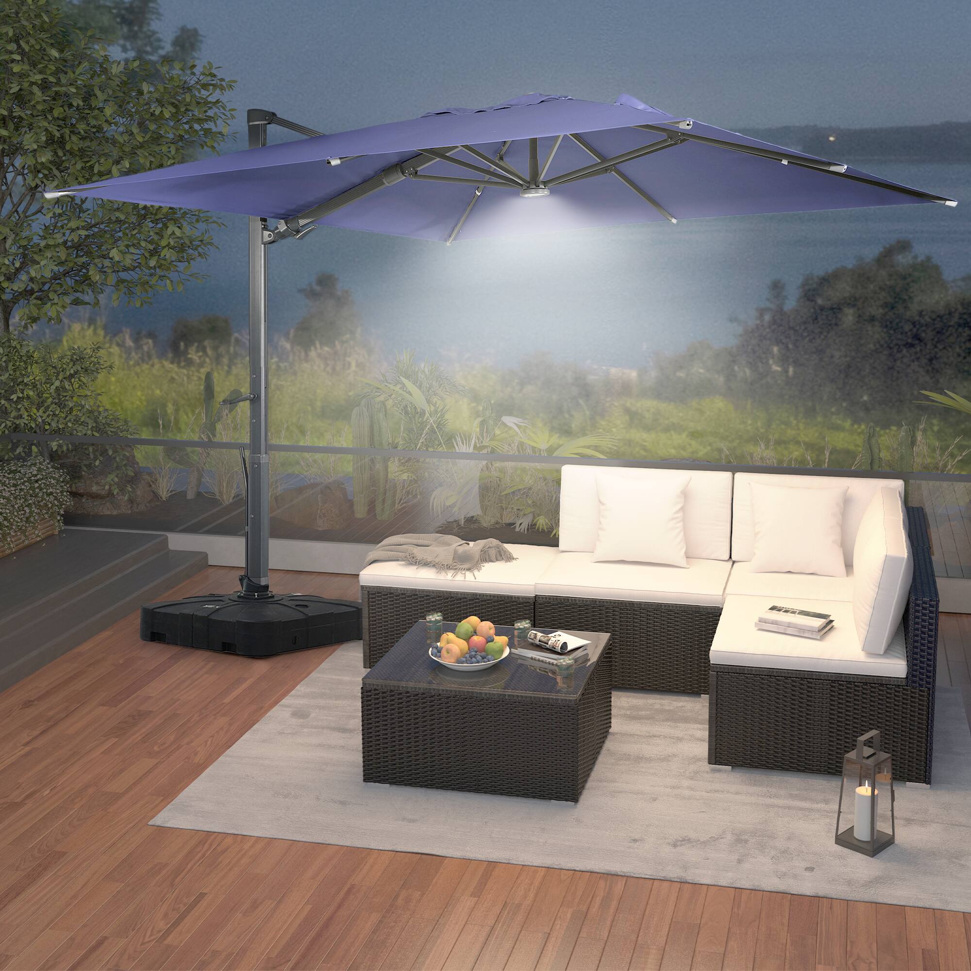 Back. Mondawe - 10x10ft Patio Cantilever Umbrella Square Large Offset Sun Umbrella with LED Light Panel - Navy Blue.