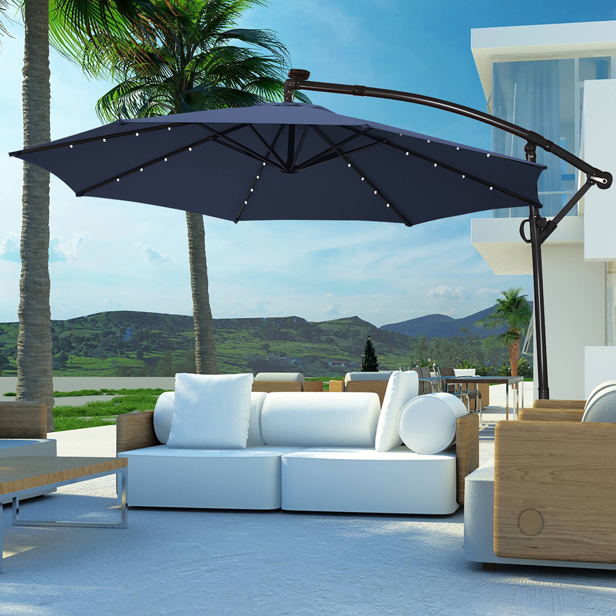 Alt View 4. Costway - 10FT Patio Offset Umbrella Solar Powered LED 360Degree Rotation Aluminum - Navy.