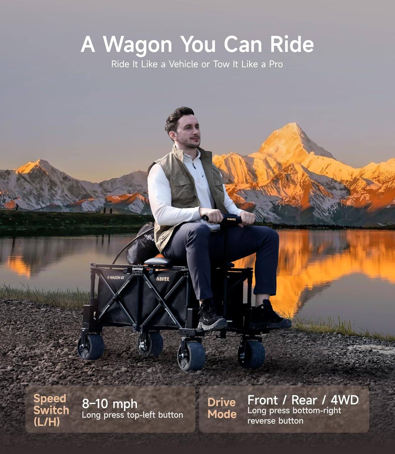 A Wagon You Can Ride  
Ride It Like a Vehicle or Tow It Like a Pro  

E-NAGON ex NAVEE  

Speed: 8-10 mph  
Switch (L/H): Long press top-left button  

Drive Mode: Front / Rear / 4WD  
Long press bottom-right reverse button