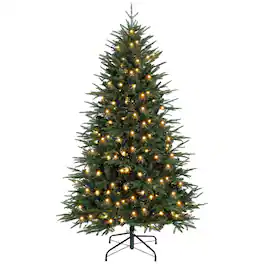 Homcom - Prelit Christmas Tree, Wide Artificial Hinged Xmas Tree with 300 Warm White LED Lights - Green