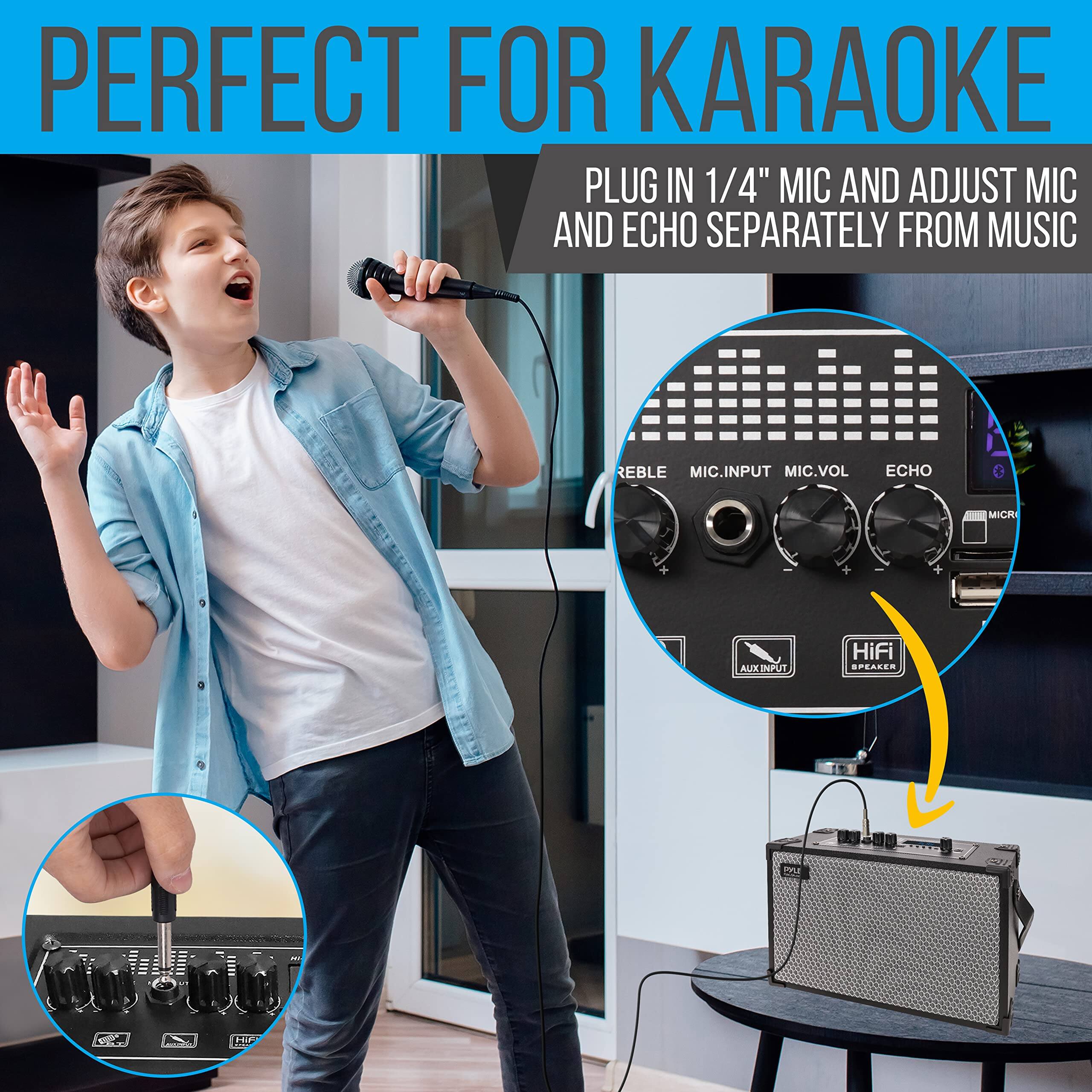 PERFECT FOR KARAOKE

PLUG IN 1/4" MIC AND ADJUST MIC AND ECHO SEPARATELY FROM MUSIC

REBLE MIC.INPUT MIC.VOL ECHO AUX AUXINPUT HiFi SPEAKERS