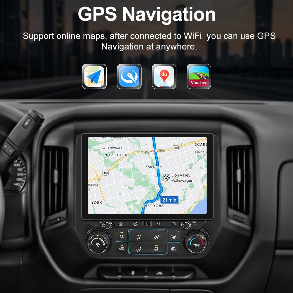GPS Navigation  
Support online maps, after connected to WiFi, you can use GPS Navigation at anywhere.

du Voucher  
WILLOWDALE NORTH YORK Ontario  
401 Spress 401 SCARE BENDALE  
100 N D0 DO HO KDALE  
401 DON-MILLS Don Valley Volkswagen YORK  
21 min EAST YORK VA TURE AC TMP