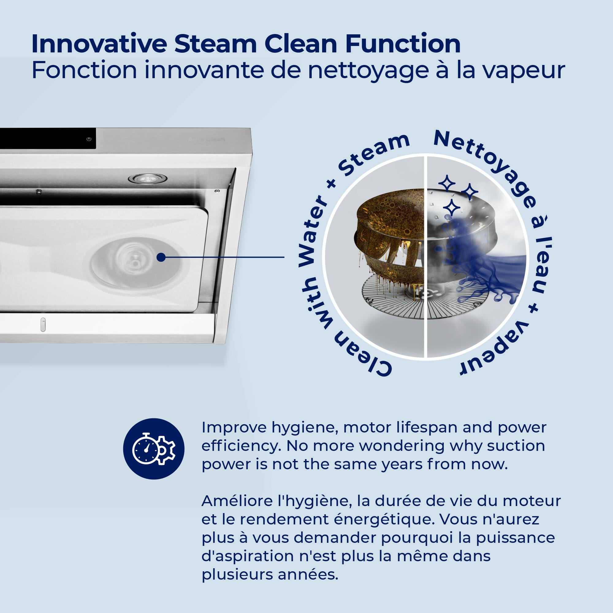 Innovative Steam Clean Function  
Fonction innovante de nettoyage à la vapeur  

Improve hygiene, motor lifespan and power efficiency. No more wondering why suction power is not the same years from now.  
Améliore l'hygiène, la durée de vie du moteur et le rendement énergétique. Vous n'aurez plus à vous demander pourquoi la puissance d'aspiration n'est plus la même dans plusieurs années.