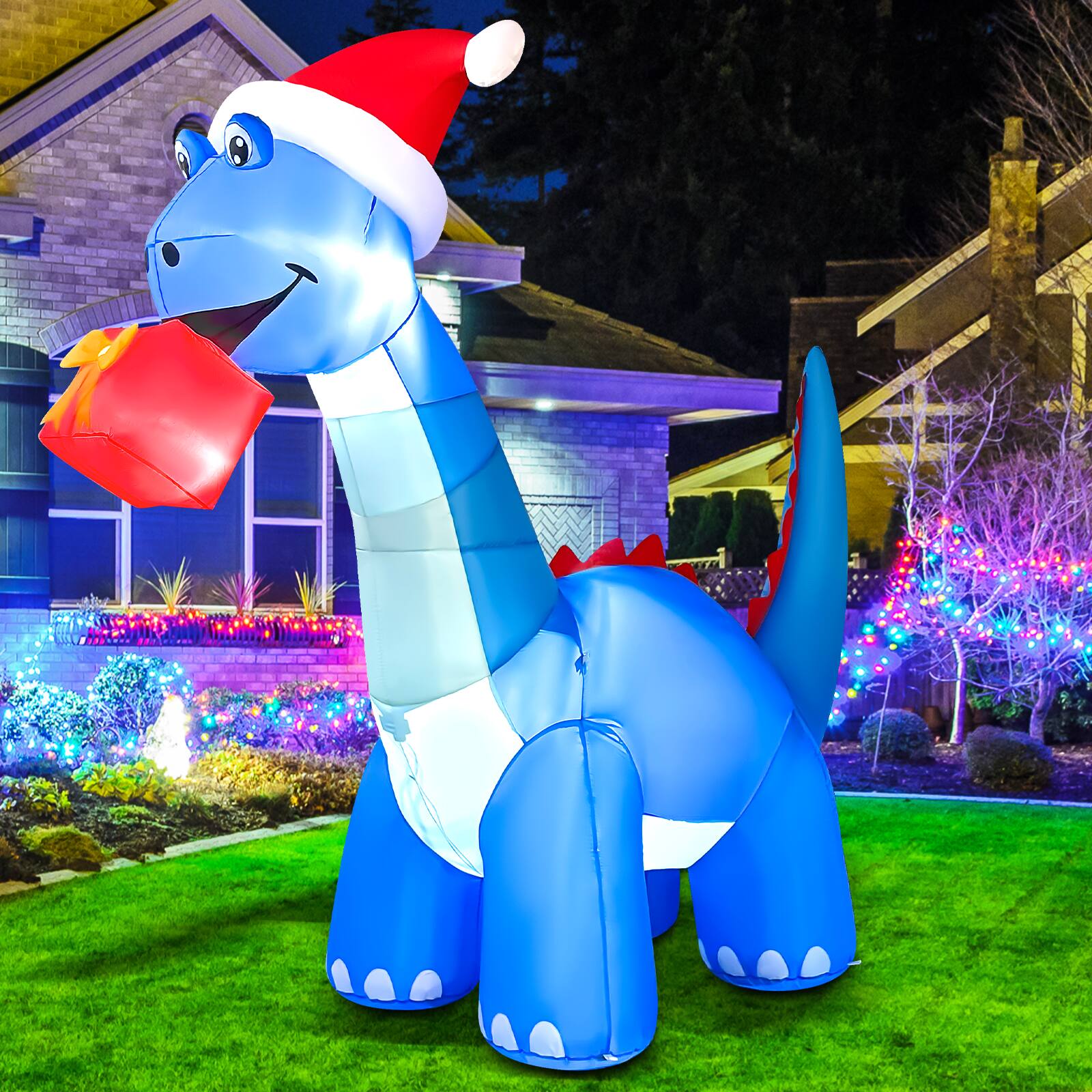Left. GOOSH Inflatables - GOOSH 8FT Animated Blue Dinosaur Inflatable with Nodding Head and LED Lights - Blue.