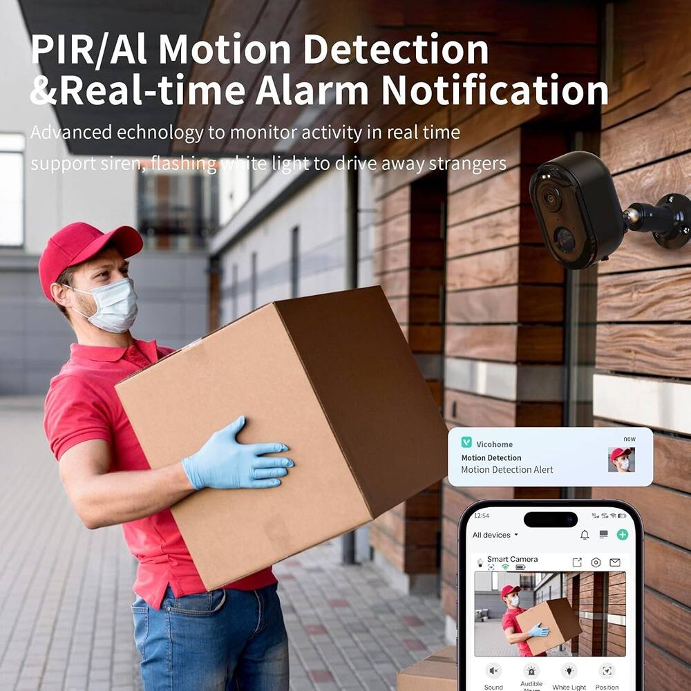 PIR/Al Motion Detection & Real-time Alarm Notification

Advanced technology to monitor activity in real time support siren, flashing white light to drive away strangers

Vicohome Motion Detection Motion Detection Alert now 12:54 All devices Smart Camera Sound Audible White Light Position