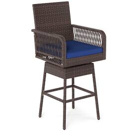 Costway - 1 PCS 29" Patio 360° Swivel Bar Stool with Cross-Woven Armrests Footrest & Seat Cushion - Navy