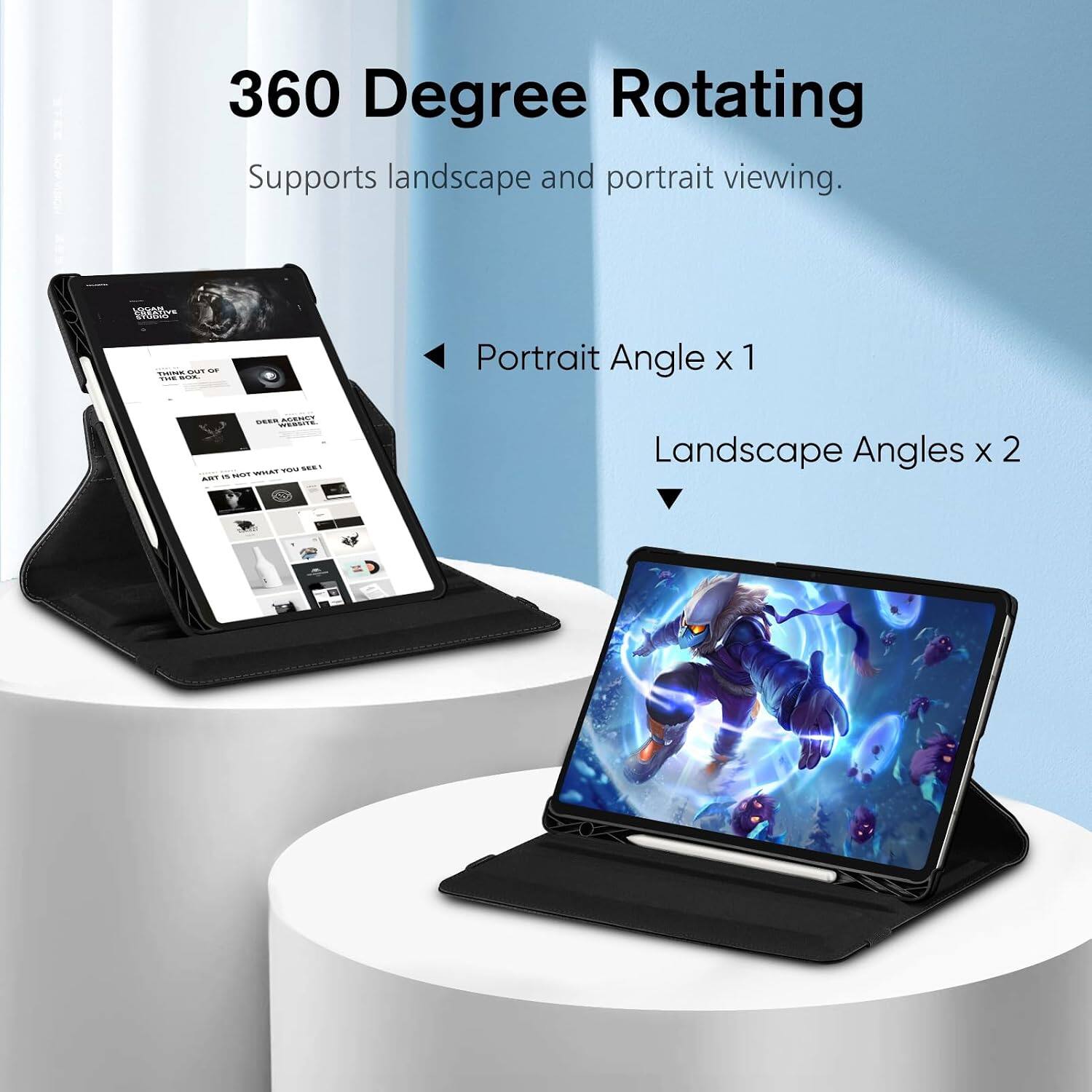 360 Degree Rotating  
Supports landscape and portrait viewing.  
LOGAN CHEANNE STUDIO  
THINK OUT OF THE BOX.  
Portrait Angle x 1  
DEER AGENCY WEBSITE. YOU SEE! a NOT WHAT YOU SEE!  
Landscape Angles x 2