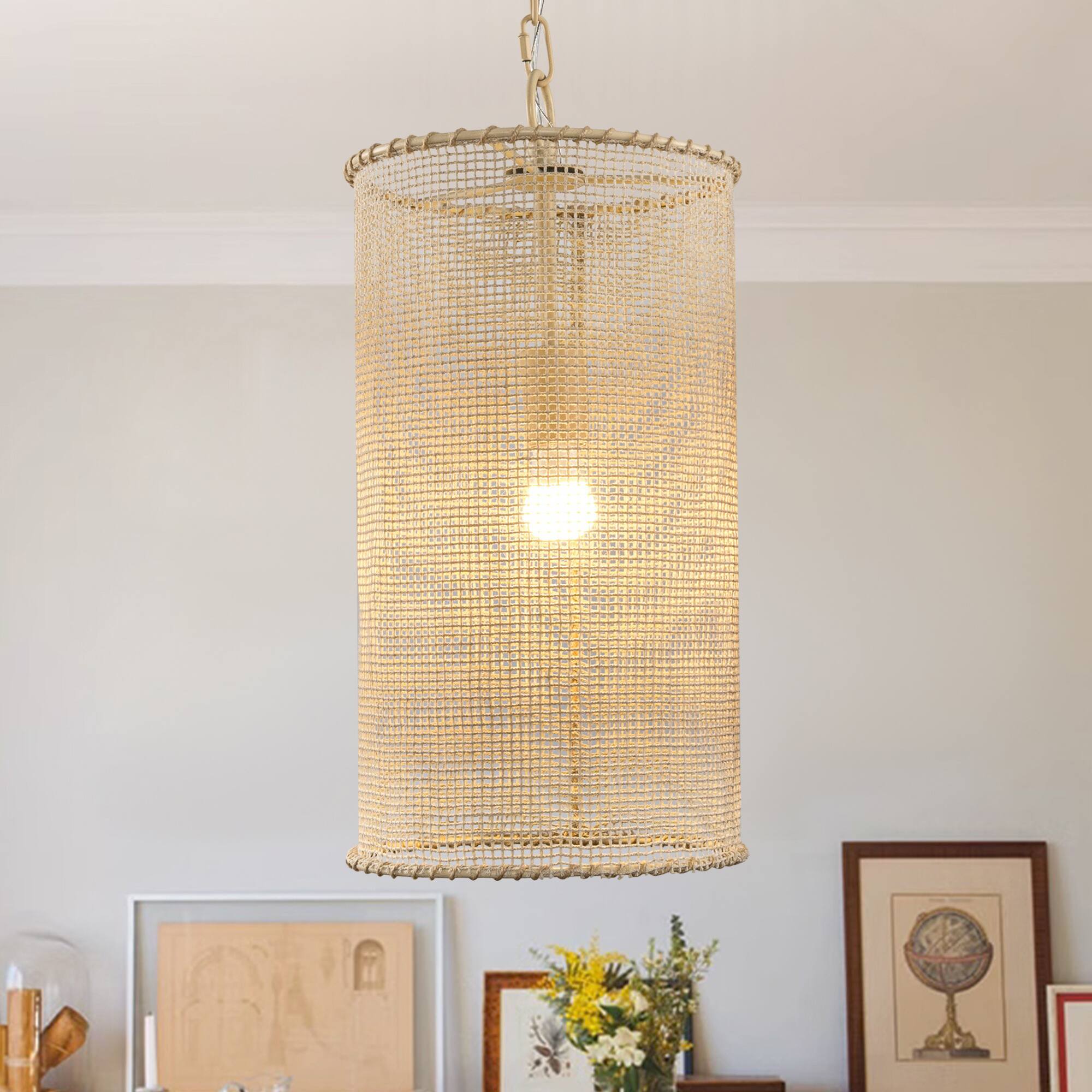 Left. Parrot Uncle - 9.9 in. 1-Light Beige Cylindrical Mesh Small Hanging Pendant light - Beige.