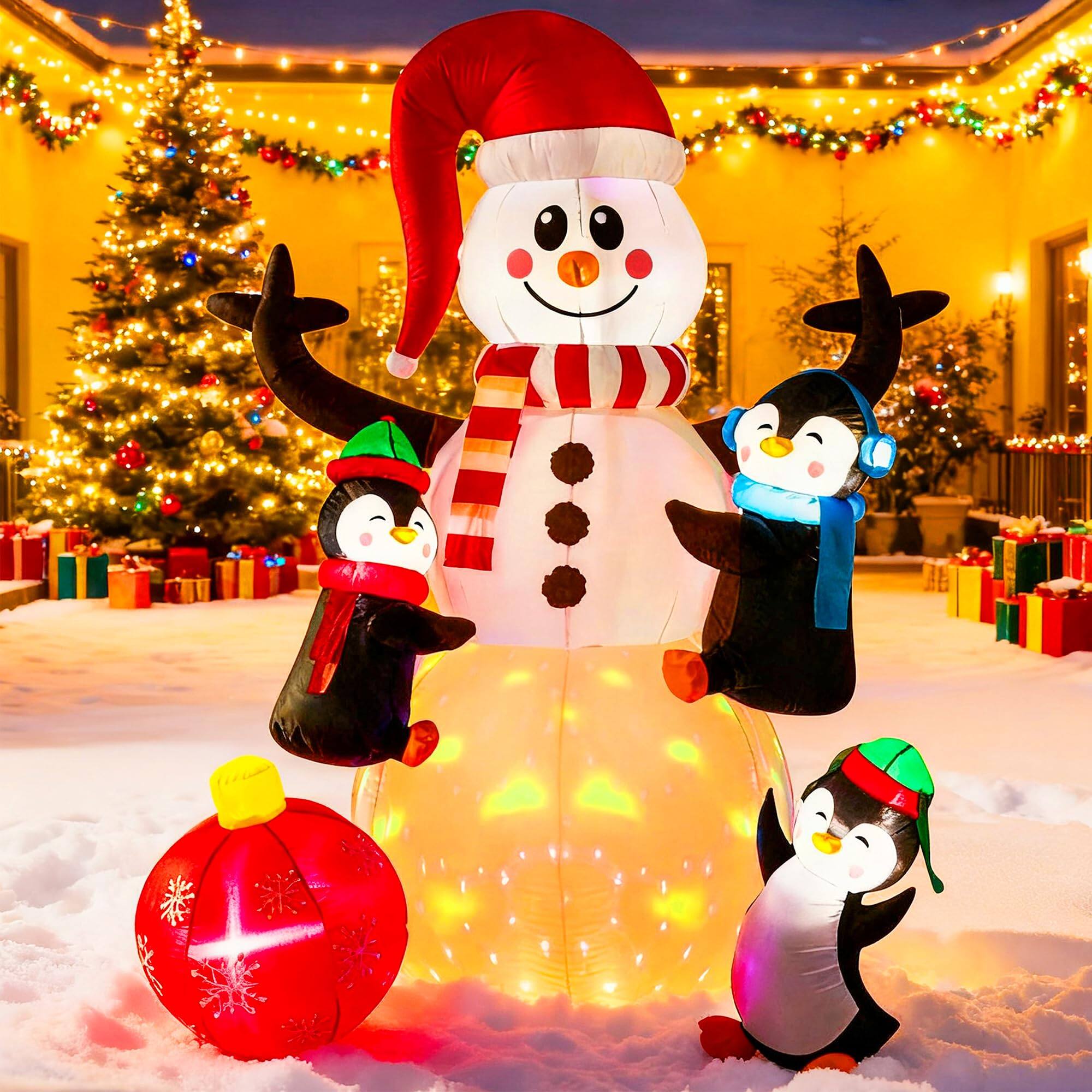 Front. NICHOLAS KLEIN - Christmas Inflatable Outdoor Decoration Snowman With Penguin Navidad Blow Up Yard Decor Led Light For - 6FT Snowman with Penguin and Red Ball.